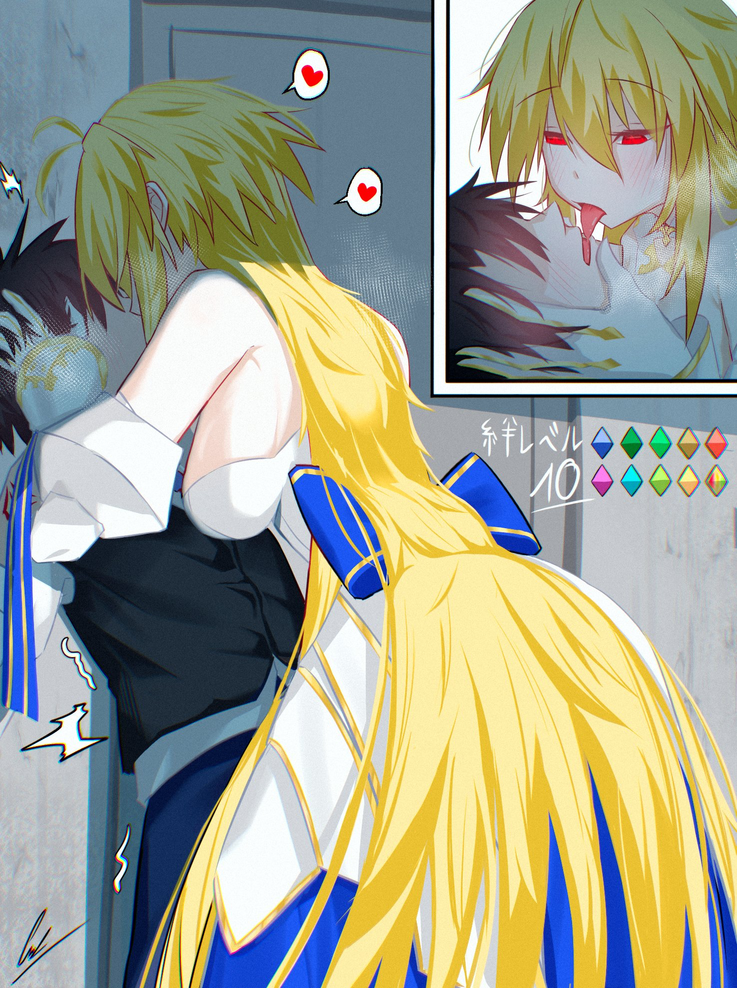 1boy, 1girls, archetype earth, arcueid brunestud, artist request, artist signature, blonde hair, breasts, dress, fate (series), fate/grand order, femdom, fujimaru ritsuka (male), older female, tongue out, vampire, younger male