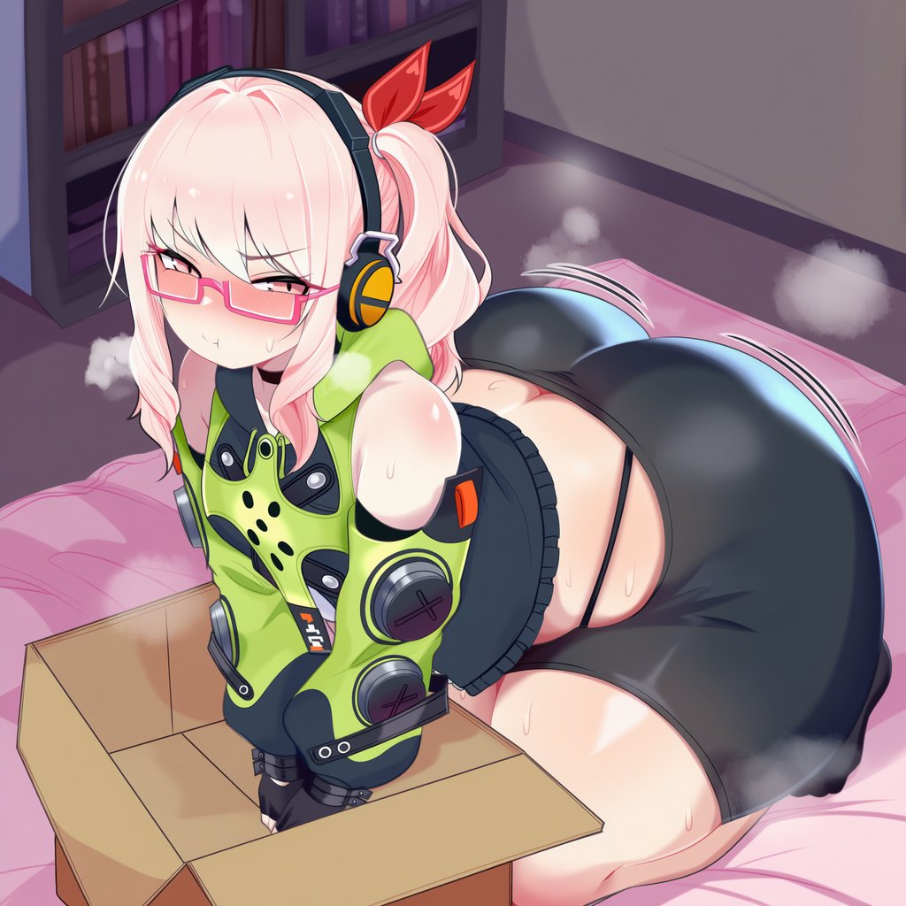 1girls, 2d, ai generated, akiyama mizuki, anby demara (cosplay), androgynous, ass, big ass, big butt, big thighs, bike shorts, black gloves, black shorts, blush, bookshelf, box, breasts, embarrassed, female, female only, fingerless gloves, glasses, gloves, hair ribbon, headphones, huge ass, huge butt, huge thighs, indoors, large ass, large butt, large thighs, long hair, looking at viewer, nightcordsrose, pink eyes, pink hair, pink-framed eyewear, plump, pout, project sekai, ribbon, shorts, side ponytail, sidelocks, small breasts, solo, solo female, steam, sweat, thick ass, thick butt, thick thighs, thighs, wide hips, zenless zone zero