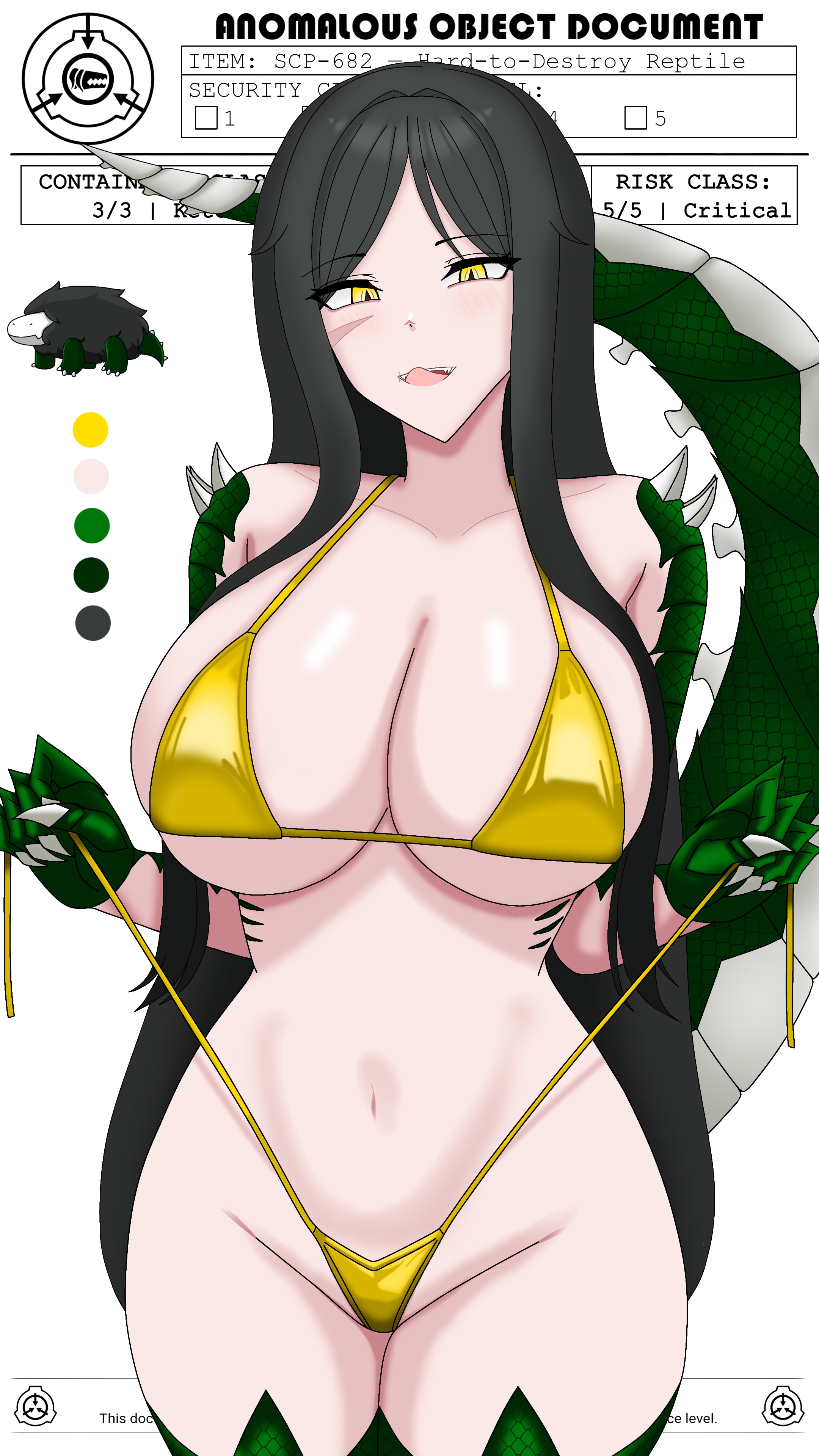  hair, 1girls, bikini, black hair, breasts, cleavage, clothes pull, cowboy shot, fangs, female torso, genderswap, genderswap (mtf), golden bikini, humanized, humanized scp, large breasts, lizard tail, long, looking at viewer, navel, open mouth, parted bangs, reptile girl, rule 63, scales, scar on face, scar on nose, scp foundation, scp-682, scp-682 (reptilia queen), simple background, smile, solo, spikes, stomach, swimsuit, tail, thong, thong bikini, very long hair, white background, yellow eyes