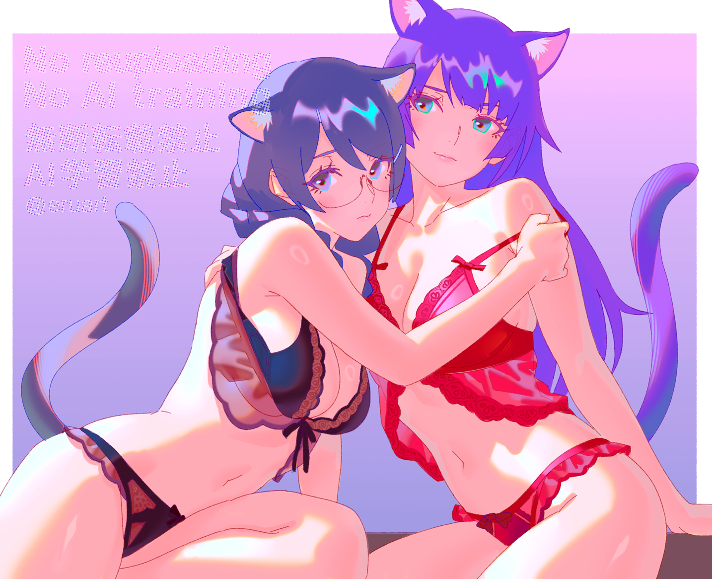 2girls, alternate version available, animal ears, artist name, bakemonogatari, big breasts, blue eyes, blush, bra, breasts, cat ears, cat tail, catgirl, cleavage, duo, embrace, eruart, female, female only, glasses, hanekawa tsubasa, huge breasts, large breasts, lingerie, monogatari (series), navel, panties, purple eyes, purple hair, senjougahara hitagi, shiny skin, sitting, slim waist, tail, underwear, underwear only, voluptuous, voluptuous female, watermark