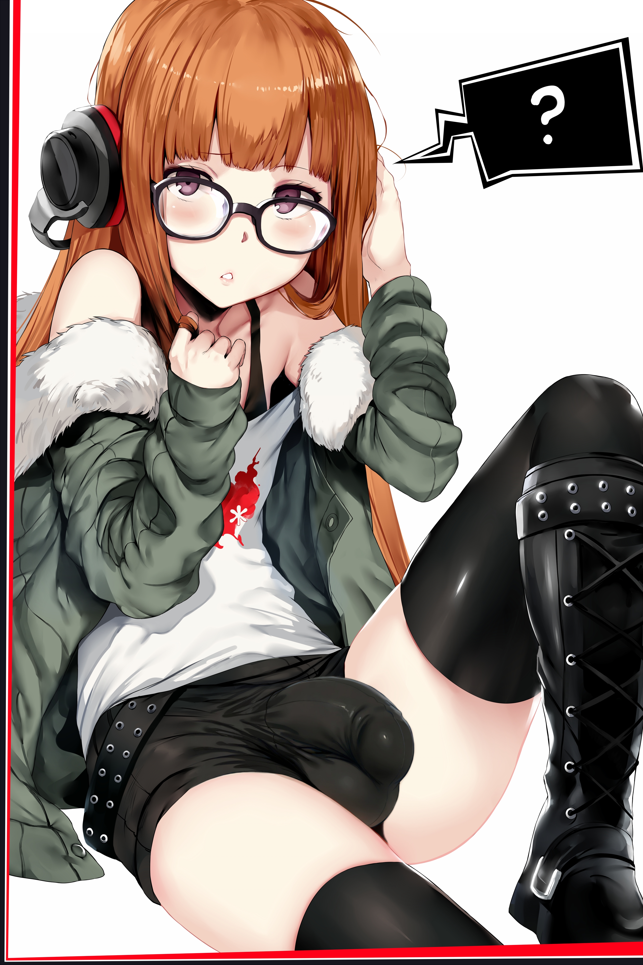 1girls, black boots, boots, bulge, bulge through clothing, clothed, clothed female, edit, embarrassed, futa only, futanari, hews hack, impossible clothes, persona, persona 5, sakura futaba, shy, solo