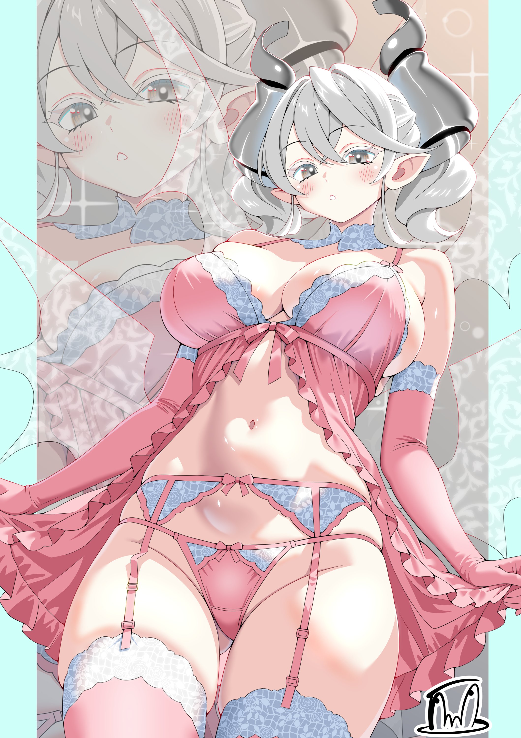 1girls, absurd res, babydoll, beautiful, blush, curvy, cute, demon, demon girl, demon horns, dress, duel monster, earrings, female, female only, gloves, hi res, huge breasts, konami, labrynth of the silver castle, lady labrynth of the silver castle, large breasts, legwear, light skin, lingerie, looking at viewer, lovely labrynth of the silver castle, low-angle view, navel, panties, pink babydoll, pink lingerie, pink panties, pointy ears, princess, queen, seductive, sideboob, silver eyes, solo, tama amata, teeth, thighs, twin drills, twintails, underwear, white hair, wings, younger female, yu-gi-oh!, yu-gi-oh! master duel