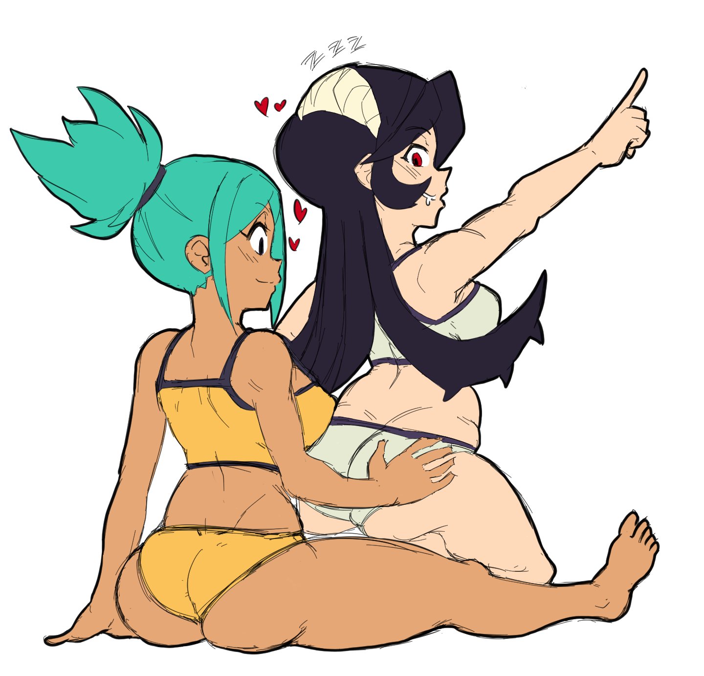 2020, 2d, 2girls, ass, ass grab, black hair, blush, breasts, cerebella, clothing, dark skin, dark-skinned female, female, female only, female/female, filia (skullgirls), green hair, hair up, human, human female, human on humanoid, humanoid, humanoid female, interracial, large breasts, light skin, light-skinned female, long hair, malofantastic, no sex, red eyes, samson (skullgirls), skullgirls, smile, tagme, teenager on teenager, teens, underwear, underwear only, yuri