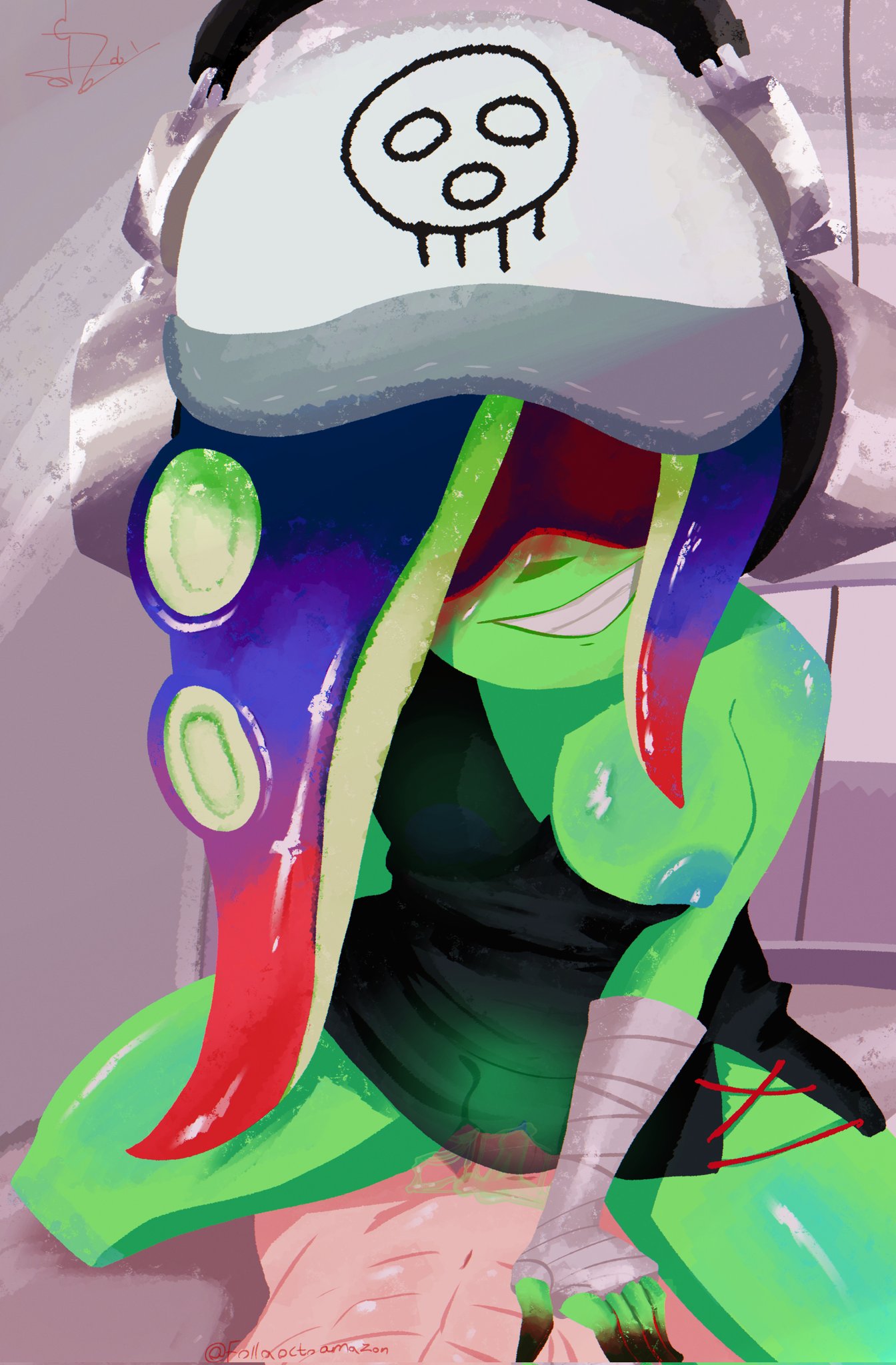 1boy, 1girl, acht (splatoon), baseball cap, bottom male, breasts out, cowgirl position, dedf1sh, eye contact, femdom, follaoctoamazon, green body, grinning, hand on abs, hand on stomach, headphones, musician, nintendo, no bra, no panties, one breast out, pov, sanitized (splatoon), sanitized octoling, sex, shades, short dress, splatoon, splatoon 2: octo expansion, splatoon 3, splatoon 3: side order, sunglasses, transparent clothing, vaginal penetration, visor