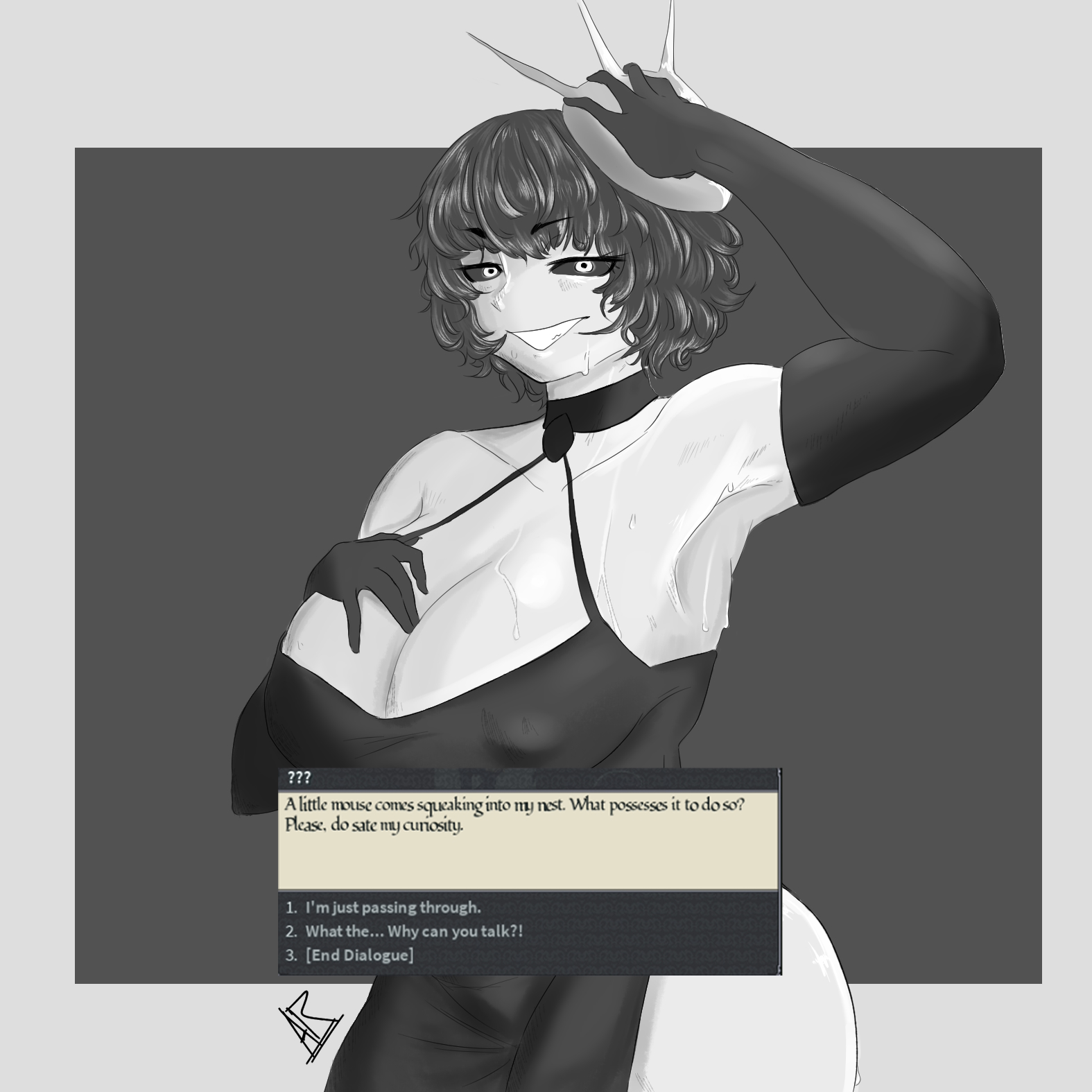 1girls, adoniasfra, armpit, artist signature, big breasts, black clothing, black hair, breasts, choker, cleavage, clothed, clothing, deep owl, deepwoken, dialogue, dress, english text, female, female only, gloves, mask, roblox, roblox game, short hair, solo, tagme, text, text box, thick thighs, thighs, white skin