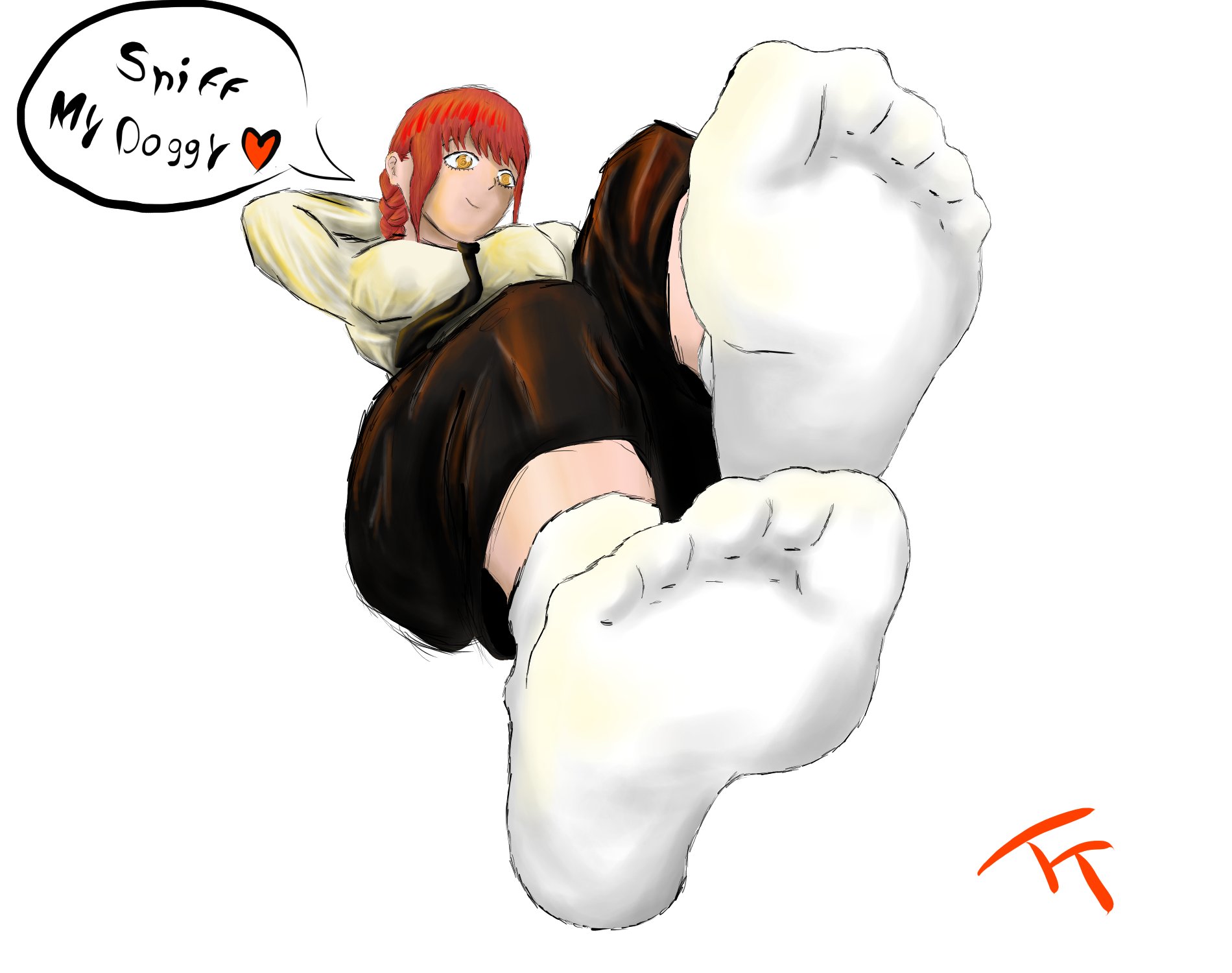 chainsaw man, dominant, dominant female, feet, feet fetish, feet up, foot fetish, foot focus, makima (chainsaw man), red hair, socks, talking to viewer, toes, yellow eyes