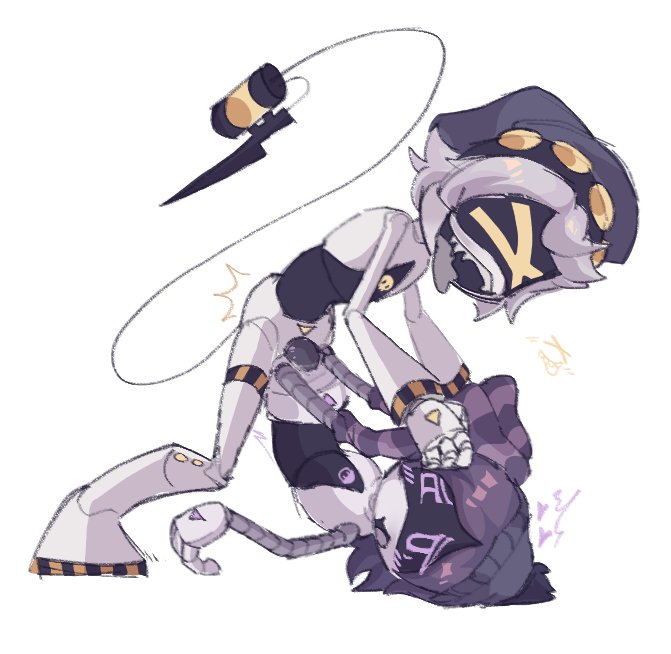 1boy, 1girls, anal sex, beanie, grey hair, hat, male/female, murder drones, n (murder drones), purple eyes, purple hair, sex, slug slug, tail, tounge out, uzi (murder drones), white background, yellow eyes