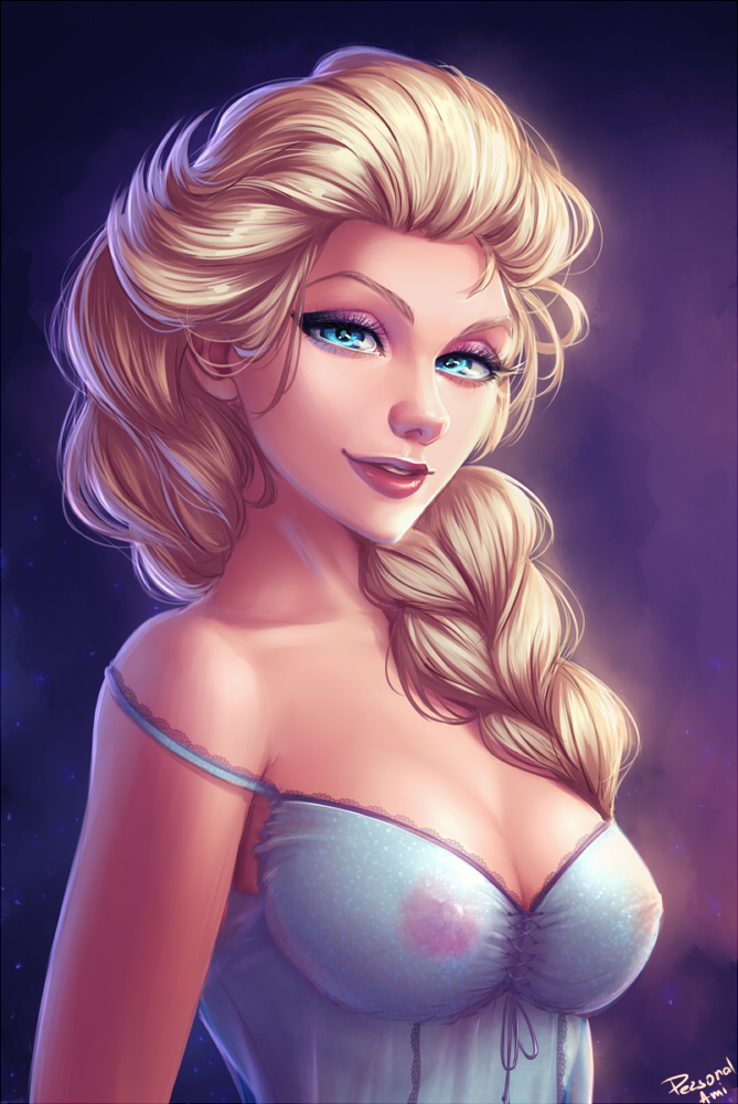 1girls, 2014, blonde hair, blue eyes, braid, breasts, cleavage, disney, elsa (frozen), eyeshadow, female, female only, frozen (film), human, large breasts, nipples, personalami, see-through, single braid, smile, solo