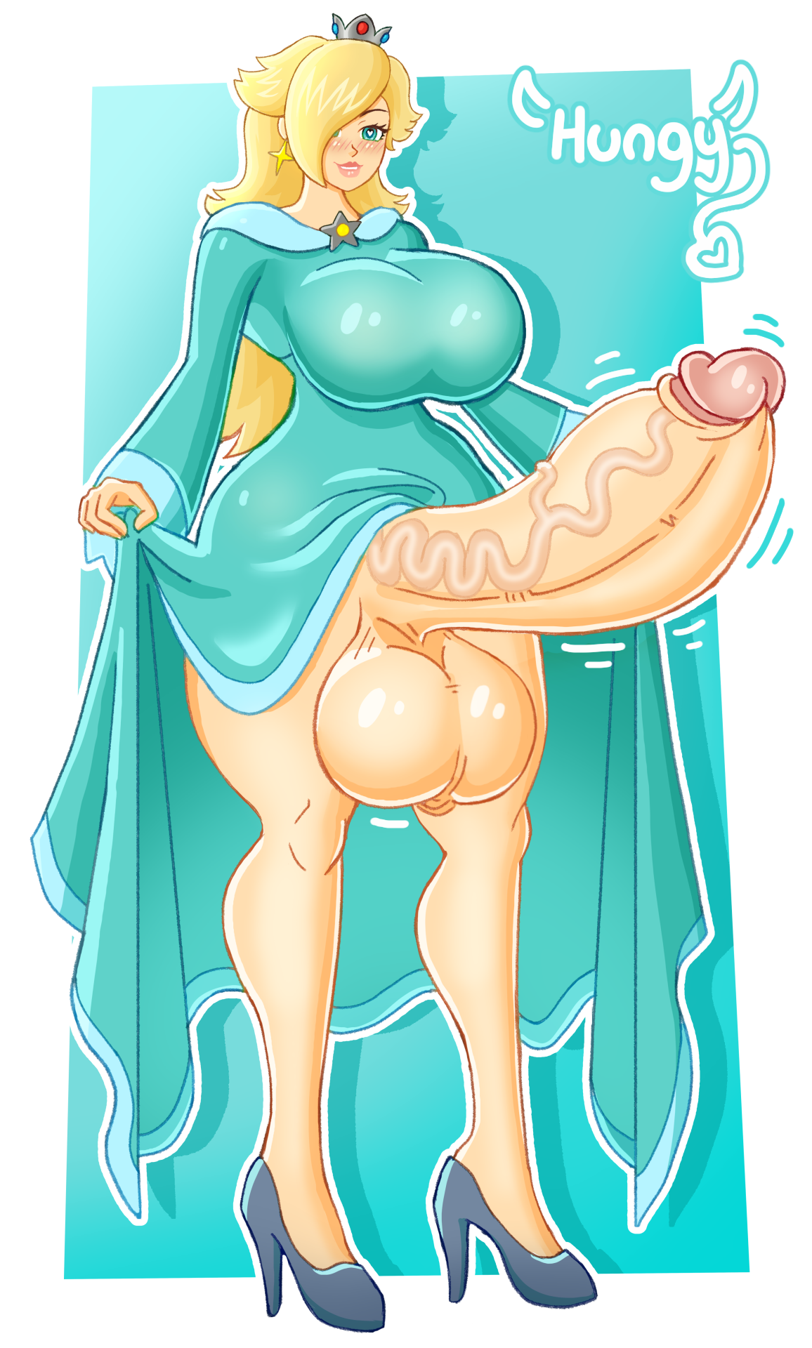 1futa, blonde hair, blue eyes, blush, bottomless, breasts, crown, dress, earrings, futa only, futanari, hair over one eye, high heels, hungy, large penis, light skin, lipstick, long hair, mario (series), nintendo, penis, princess rosalina, revealing penis, rosalina bulge (meme), simple background, smile, solo, solo focus, standing, super mario galaxy, veiny penis