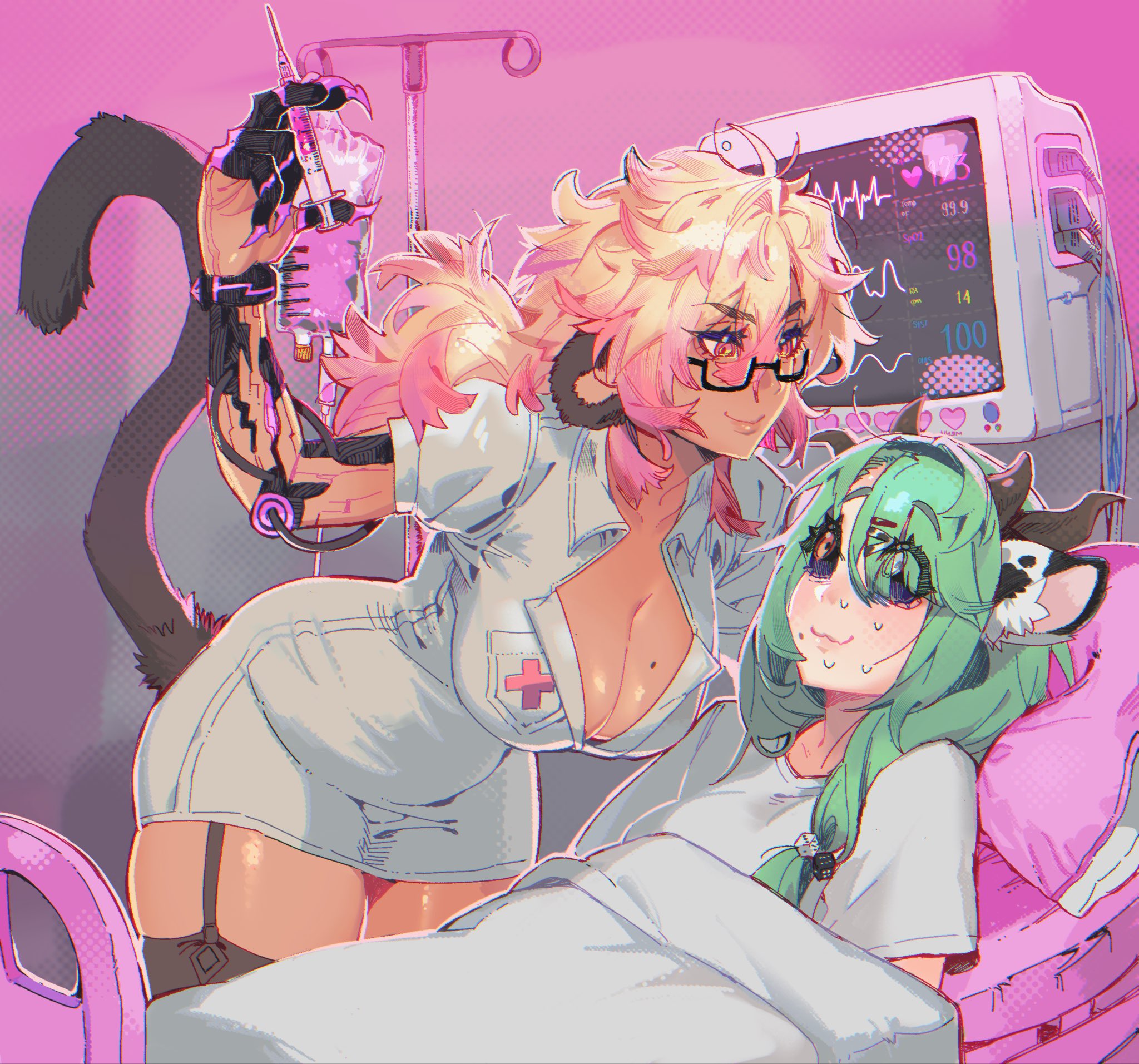2girls, animal ears, bed, big breasts, bimbwoh, black thighhighs, blonde hair, breasts, cleavage, colored sclera, cow ears, cow girl, cow horns, crelly, curvy, cyborg, dark skin, dark-skinned female, female, garter straps, green hair, grey sclera, hair ornament, heterochromia, highres, horns, hospital bed, indie virtual youtuber, kokonuts, large breasts, leaning forward, long hair, mechanical arms, mole, mole on breast, mole under mouth, monkey ears, monkey girl, monkey tail, multiple girls, nervous sweating, nurse, pink hair, red eyes, shirt, single mechanical arm, smile, sweat, syringe, tail, thick, thick thighs, thighhighs, thighs, twintails, virtual youtuber, voluptuous, vtuber, white shirt, yellow eyes, yuri