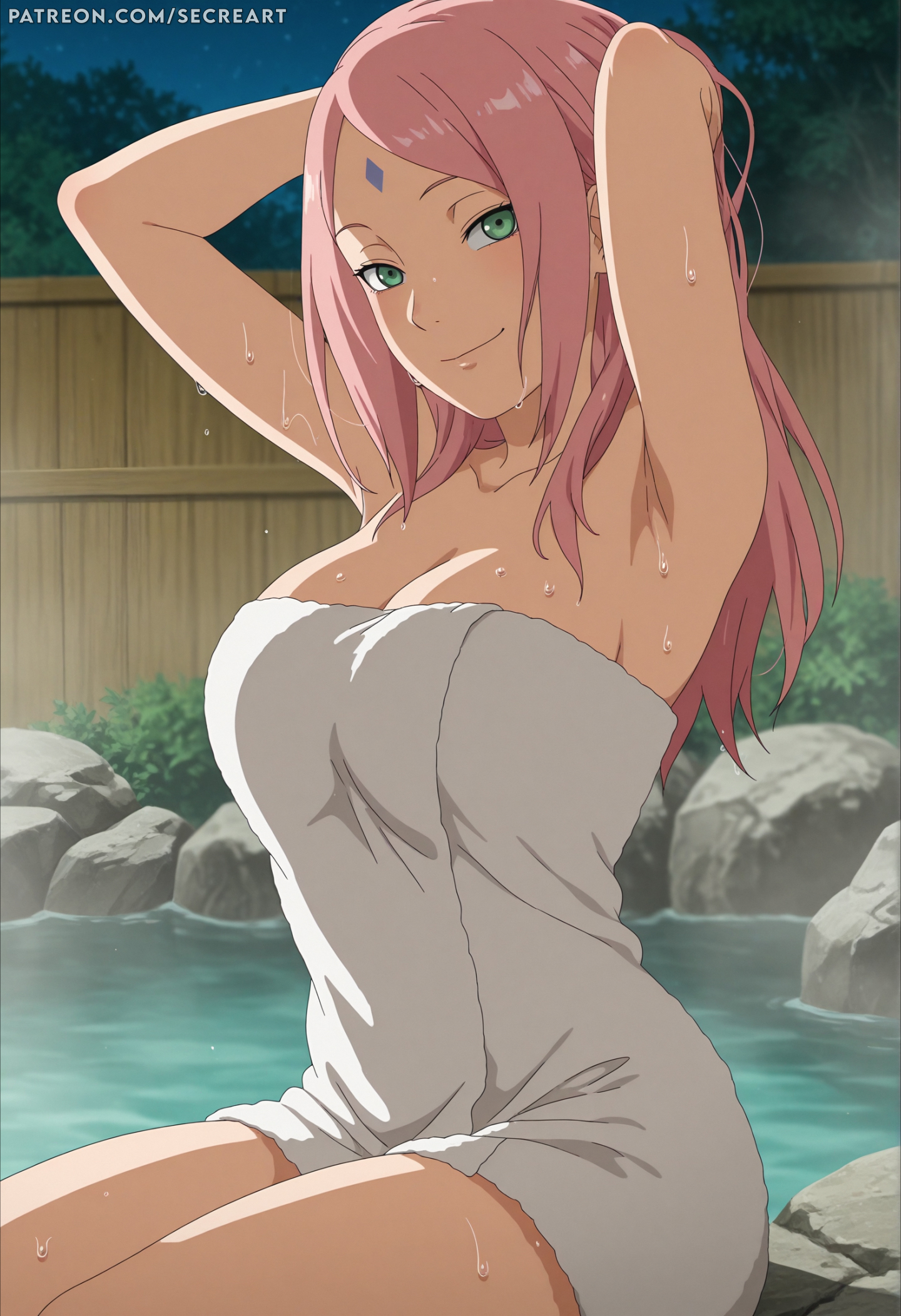 1girls, ai generated, alternate hairstyle, arm support, arms behind head, bath, bathing, blush, blush lines, boruto: naruto next generations, breasts, completely nude, curvaceous, facial mark, facing viewer, female, forehead mark, front view, green eyes, hairband, hot spring, light skin, light-skinned female, long hair, mature, mature female, milf, naruto, naruto (series), nipples, nude, nude female, onsen, outdoors, paipan, partially submerged, petite, pink hair, relaxing, sakura haruno, secreart, shiny, shiny hair, shiny skin, sitting, termal water, towel, water, watermark, wide hips
