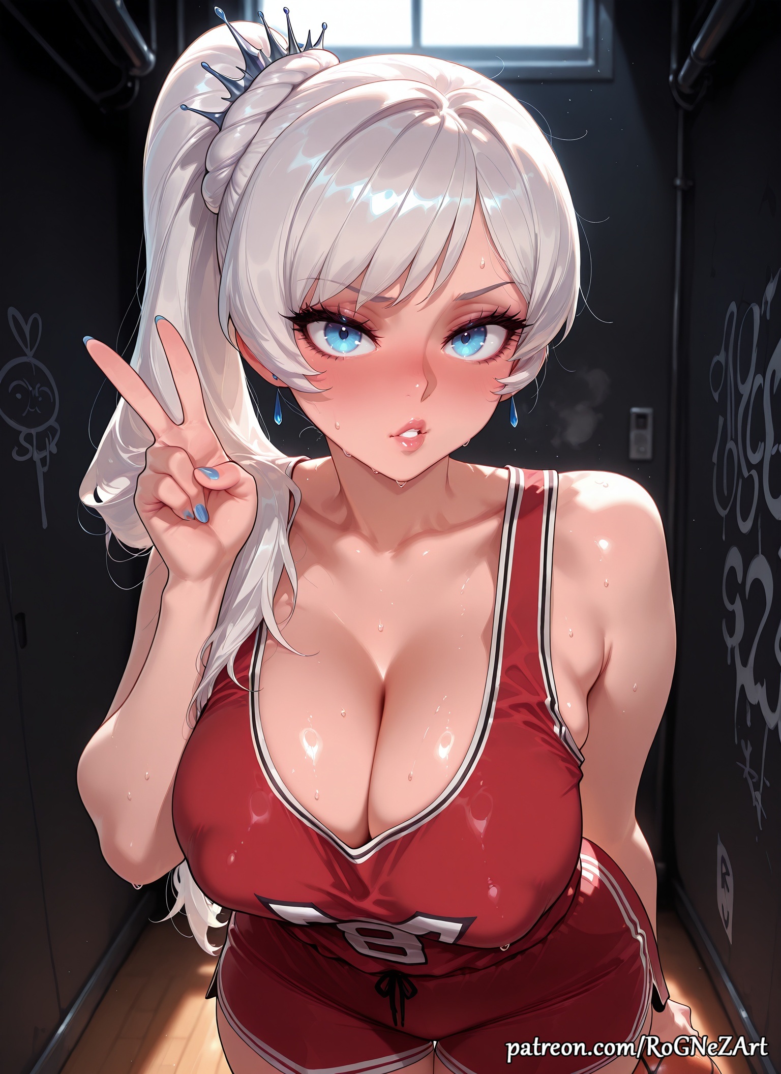 2025, ai generated, alternate breast size, anime, bangs, bare shoulders, blue eyes, blue nails, blush, breasts, cleavage, collarbone, covered nipples, crossover, earrings, eye contact, female, female focus, female only, flushed, highres, huge breasts, indoors, inside, jewelry, large breasts, long hair, looking at viewer, nail polish, nsfw, parted lips, patreon, ponytail, rognezart, rwby, scar, scar across eye, scar on face, shiny, shiny hair, shiny skin, shorts, side ponytail, solo, sportswear, sweat, sweaty, v, very long hair, weiss schnee, white hair