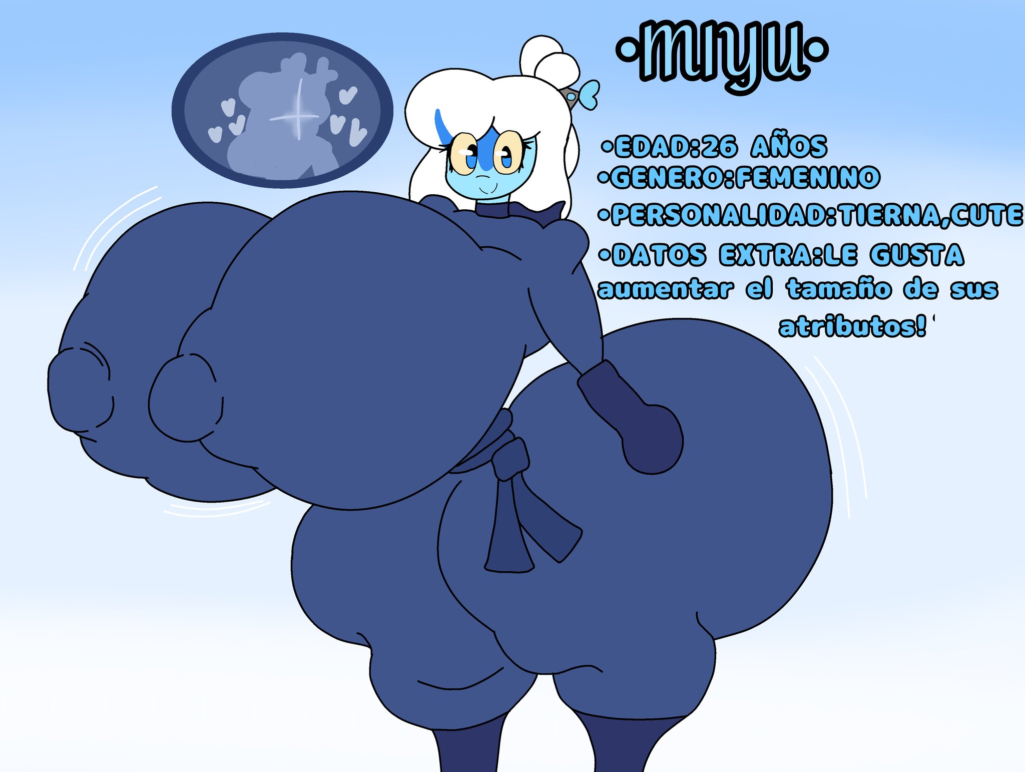 1girls, big ass, big breasts, big butt, big thighs, blue body, blue clothes, blue clothing, blue eyes, blue skin, clothed, clothed female, clothing, curvaceous, curvaceous ass, curvaceous body, curvaceous female, curvaceous figure, curvaceous hips, curvaceous thighs, curves, curvy, curvy body, curvy female, curvy figure, curvy hips, dumptruck ass, dumptruck booty, dumptruck butt, elgoji, fat ass, female, female focus, female only, giant ass, giant breasts, giant thighs, gigantic ass, gigantic breasts, gigantic butt, gigantic thighs, happy, happy female, hard nipples, heart, heart symbol, hearts around head, huge ass, huge breasts, huge butt, huge thighs, hyper, hyper ass, hyper breasts, hyper butt, hyper thighs, large ass, large breasts, large butt, large thighs, long hair, massive ass, massive boobs, massive breasts, massive butt, massive tits, miyu (oc), mommy, mommy milkers, nipple bulge, nipples visible through clothing, plump, plump ass, plump breasts, plump butt, plump thighs, slim thick, slim waist, smile, smiley face, smiling, smiling at viewer, solo, solo female, solo focus, spanish, spanish dialogue, spanish text, thicc, thicc ass, thicc breasts, thicc thighs, thick, thick ass, thick hips, thick legs, thick thighs, thighs, voluptuous, voluptuous body, voluptuous female, white hair