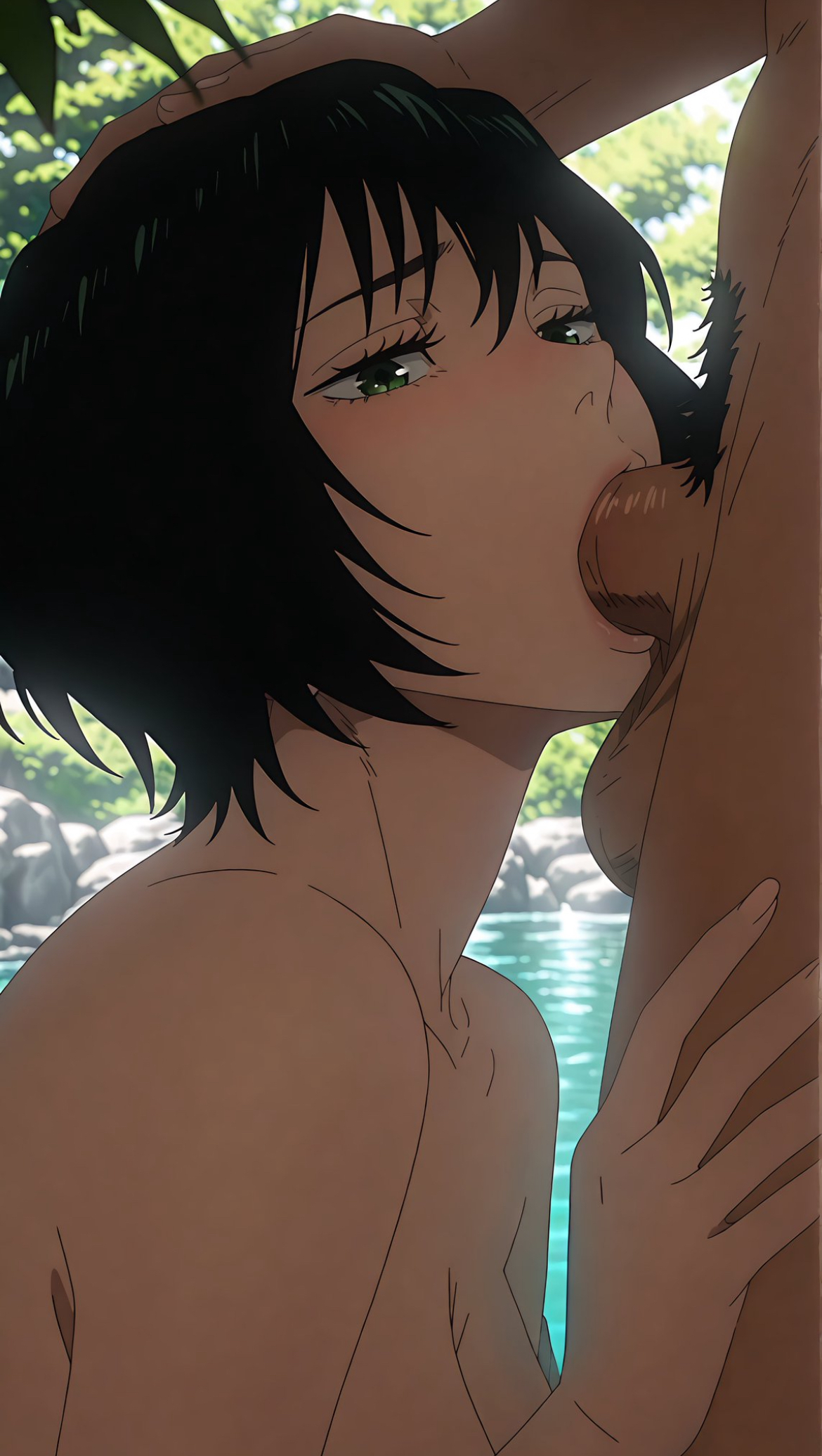 ai generated, aiwaifusart, big balls, big breasts, big penis, blowjob, deepthroat, fellatio, green hair, hand on ass, jujutsu kaisen, male/female, part of a set, pubic hair, short hair, sucking penis, zenin mai