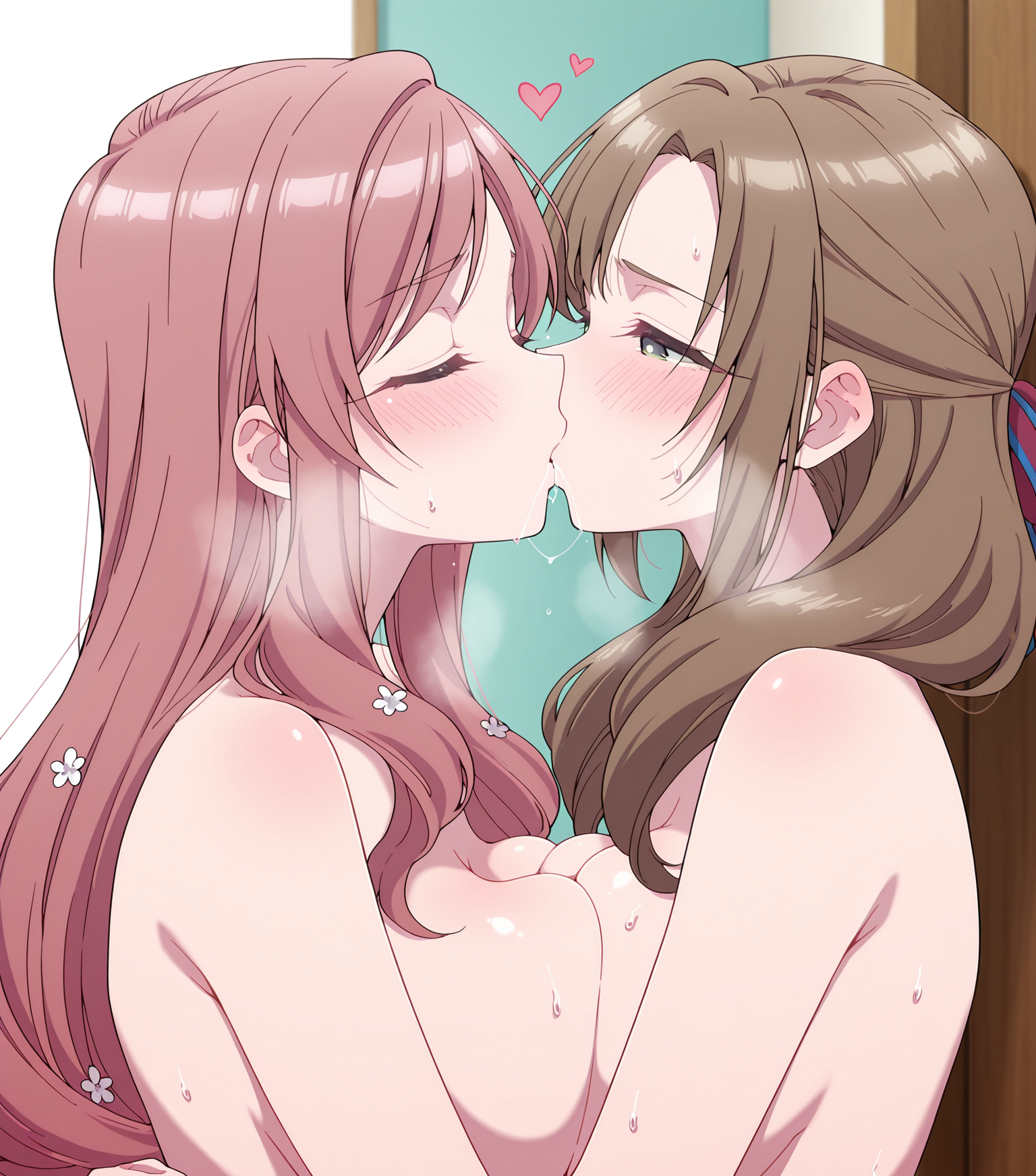 ai generated, blushing, breasts, breasts to breasts, breasts touching, brown hair, female on female, hanazono hahari, human on human, human only, kissing, lesbian, lesbian kiss, light skin, light-skinned female, oosuki mamako, tagme, tongue kiss, tsuujou kougeki ga zentai kougeki de ni-kai kougeki no okaasan wa suki desu ka?, yuri