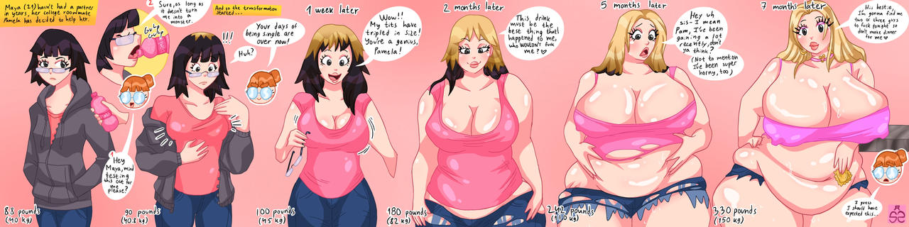 2girls, ass, ass expansion, assthethick, bbw, belly, belly expansion, belly overhang, big ass, big belly, big breasts, bimbo, bimbofication, black hair, bloated, bloated belly, bloated stomach, blonde hair, body growth (enlargement), breast expansion, breast growth (enlargement), breasts, bubble ass, bubble butt, chubby, chubby female, comic, condom, dialogue, digital media (artwork), english text, fat, fat ass, female, female focus, gigantic breasts, gluttony, hard nipples, huge ass, huge breasts, huge thighs, large ass, large breasts, maya (assthethick), obese, orange hair, overweight, overweight female, ripped clothing, ripped pants, ripped shirt, seductive, seductive look, slob, thick thighs, transformation, weight gain, weight gain female, weight gain sequence