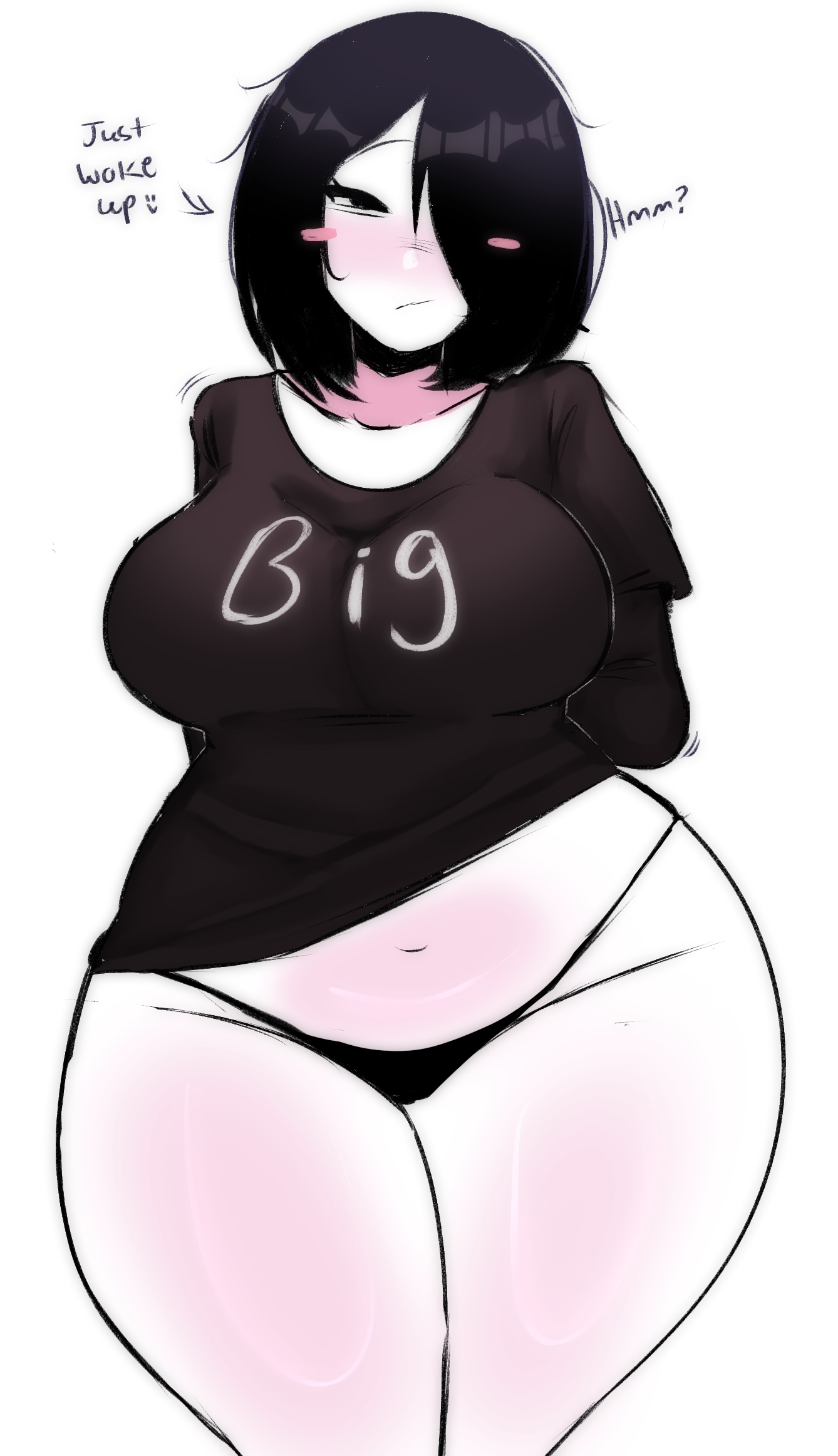 1girls, 2020s, 2026, 2026s, big breasts, black hair, black panties, blake (inky chuu), blush, blush stickers, curvaceous, curvaceous body, curvaceous female, curves, curvy, curvy female, curvy figure, digital drawing (artwork), digital media (artwork), english text, female, female focus, female only, hair over one eye, hmm, inky chuuu, jpg, just woke up, midriff, midriff peek, midriff showing, oc, original, original character, oversized shirt, pale, pale skin, pale skinned female, pale-skinned female, same artist different name, shirt, short hair, soggwybwead, solo, solo female, solo focus, text, text on shirt, thicc, thick thighs, thigh crease, thigh fold, thunder thighs, thunderthighs, twitter link, voluptuous, voluptuous body, voluptuous female, white background, white body, wide hips, wide thighs
