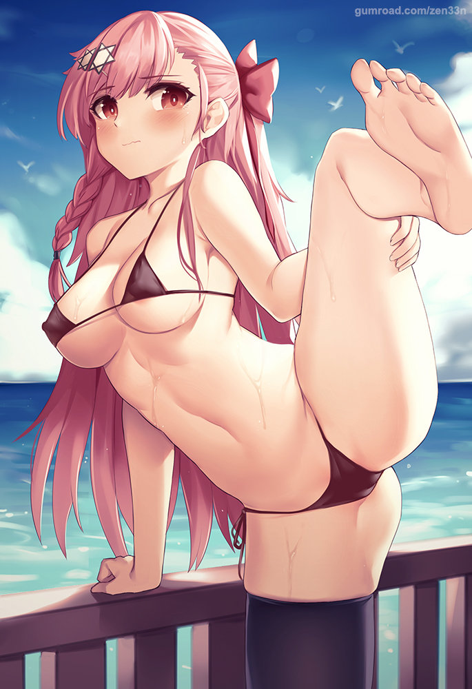 1girls, arm support, artist name, big breasts, bikini, blushing, braid, cleavage, clouds, daytime, feet towards viewer, female, female only, girls' frontline, gumroad username, hair, hair ornament, hairbow, hairclip, leaning, leg lift, leg up, long hair, medium breasts, navel, negev (girls' frontline), nipple bulge, outdoors, pink hair, red eyes, side-tie bikini, sideboob, single thighhigh, solo, source request, standing, standing on one leg, string bikini, swimsuit, two-piece swimsuit, underboob, zen33n