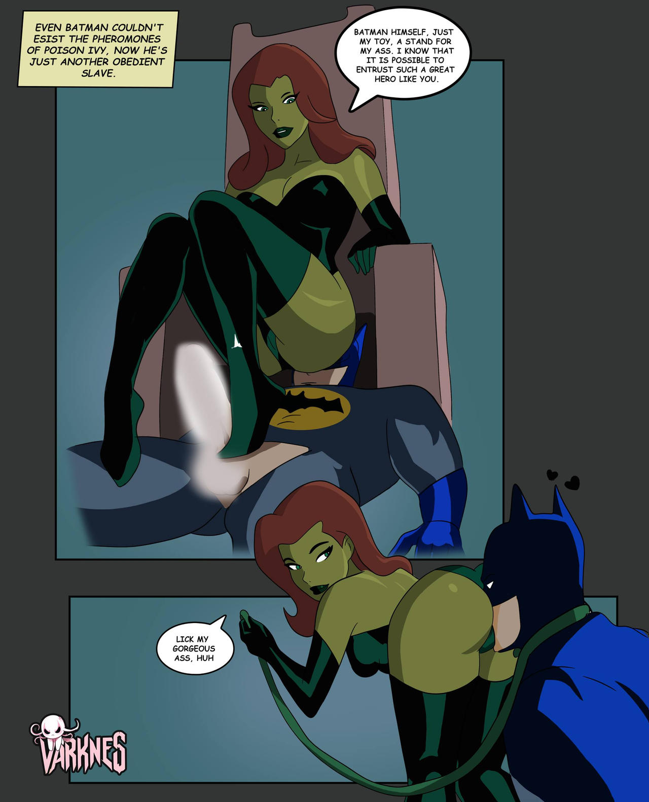 ass worship, batman, batman (series), batman: the animated series, dc comics, dcau, defeated, dominant female, face in ass, facesitting, femdom, footjob, green skin, leash, poison ivy, poison ivy (dcau), rimming, smothering, submissive male, the new batman adventures, throne, varknes, villainess