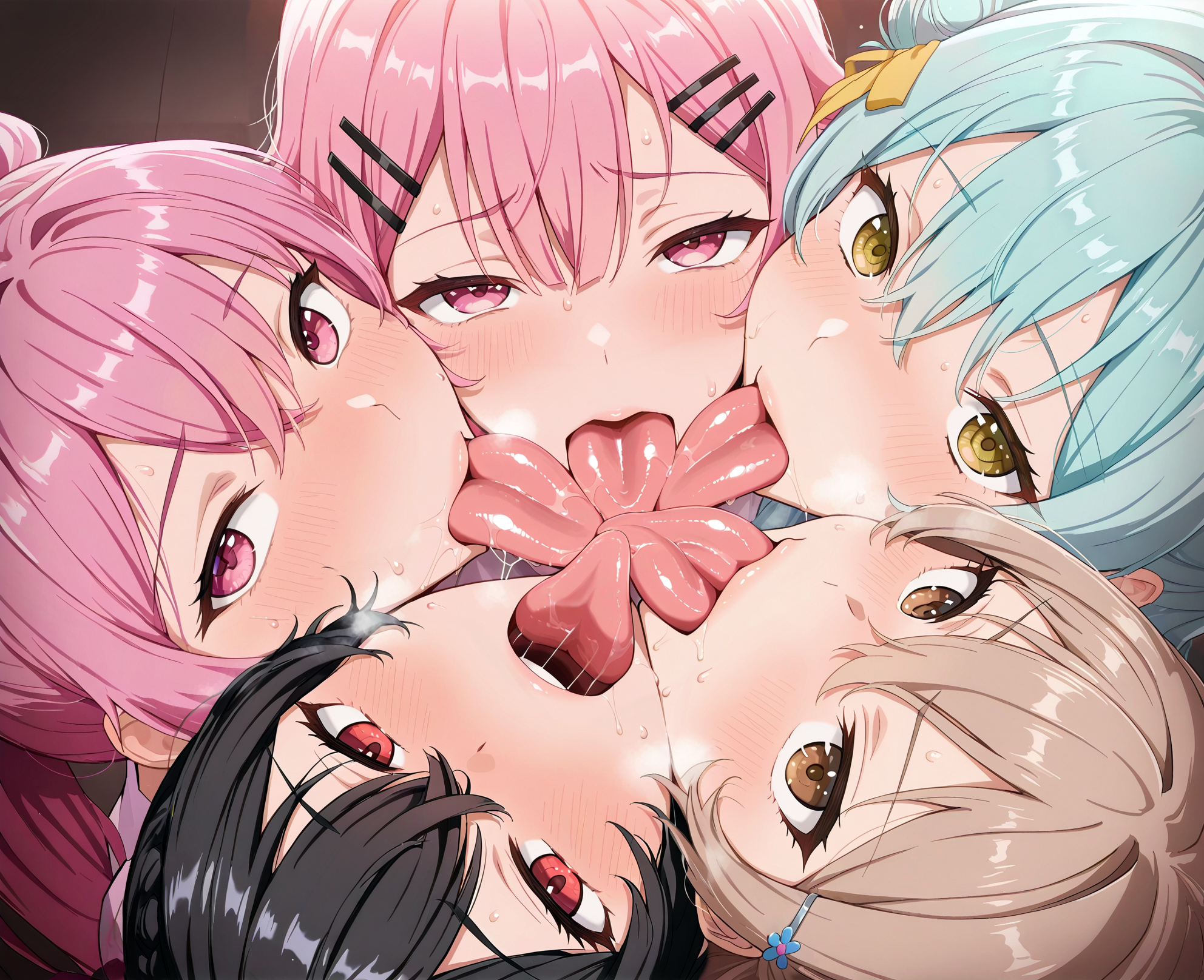 5girls, ai generated, amaori haruna, amaori renako, group kissing, koto satsuki, koyanagi kaho, ouzuka mai, quintuple kiss, sena ajisai, sweat, tongue kiss, yuri