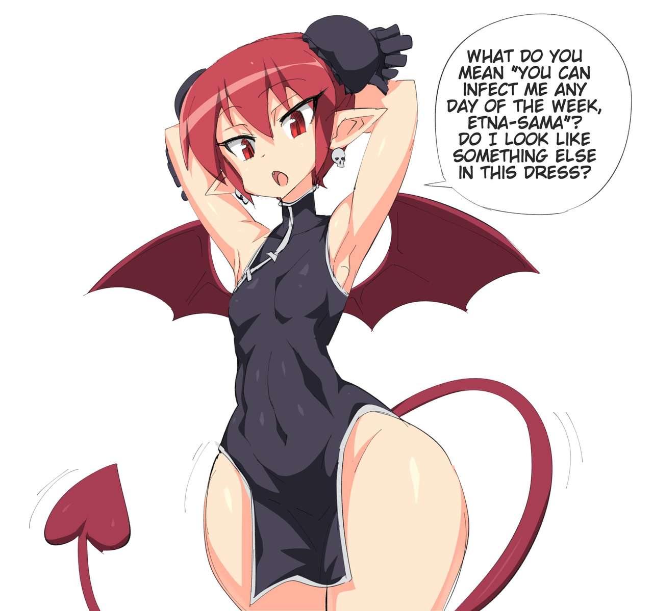 1girl, china dress, chinese clothes, corona chan, cosplay, disgaea, disgaea 2, earrings, english text, etna, jadf, pointy ears, red eyes, red hair, solo female, speech bubble, tail, wings