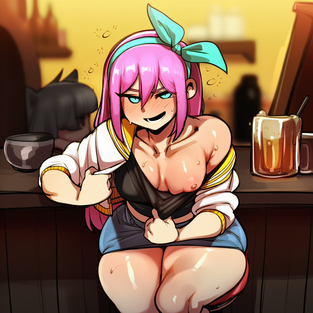 ai generated, aubrey (omori), drunk, drunk bubble, flashing, flashing breasts, novelai, omori, pulling down shirt, solo, solo female, solo focus, tagme