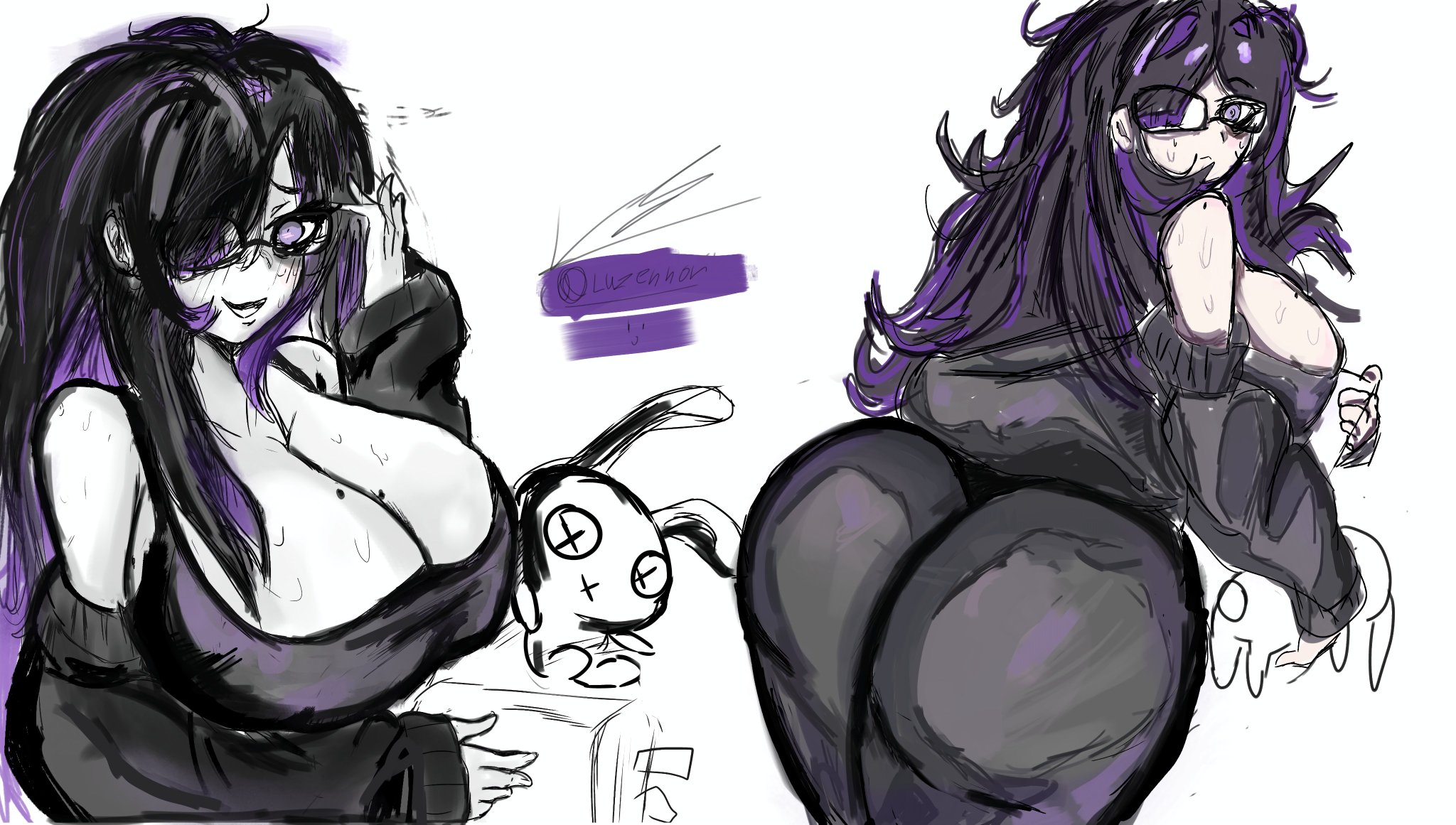 1girls, ass, big ass, black hair, bunny plush, curvy, doodle, girl, girl failure, glasses, goddess of victory: nikke, goth, goth girl, huge ass, huge breasts, label (nikke), luzennon, luzennon (artist), messy, messy hair, nerd, nikke, purple hair, purple highlights, sketch, sweatdrop, sweaty, sweaty ass, sweaty body, sweaty breasts