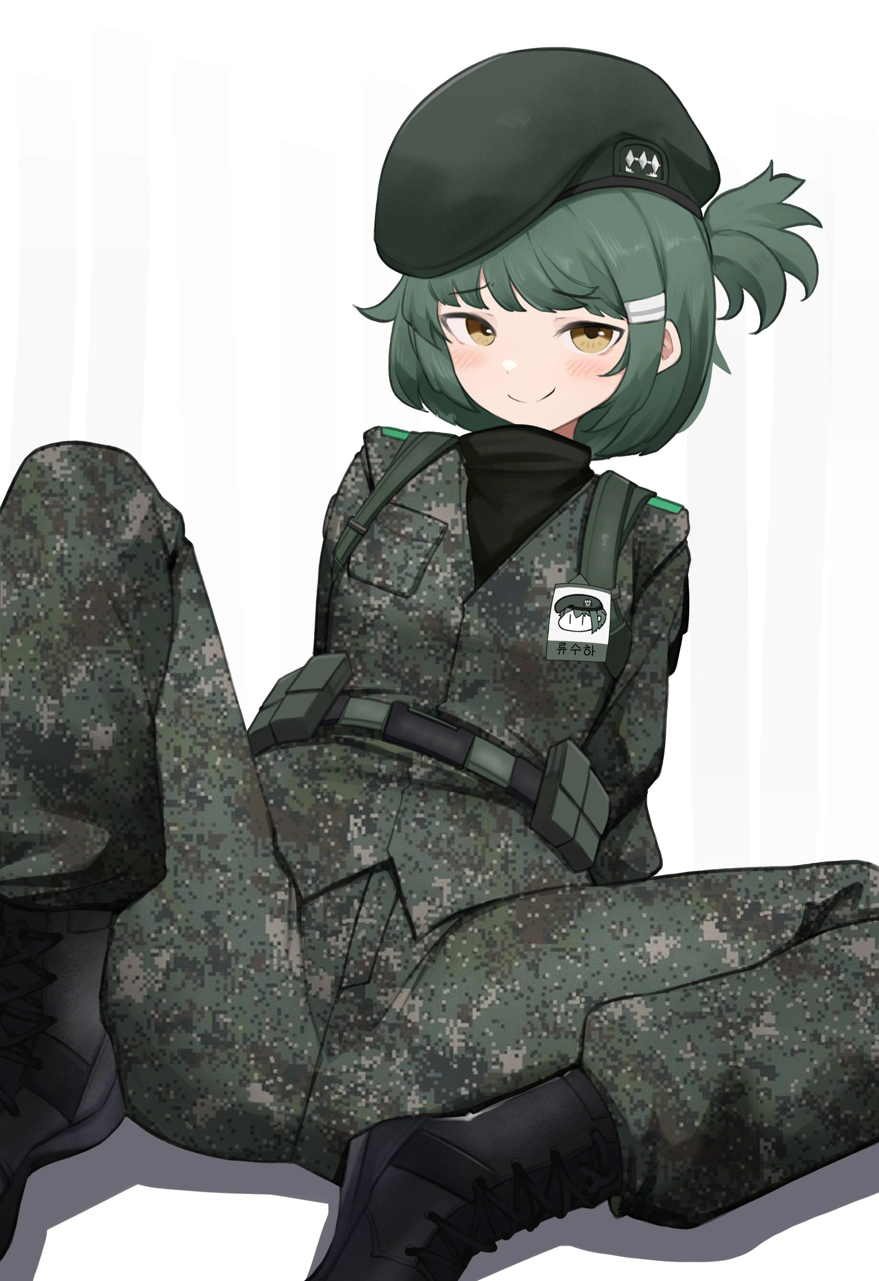 army girl, army uniform, boots, daebom, green hair, highres, looking at viewer, war thunder, yellow eyes, zenturion7