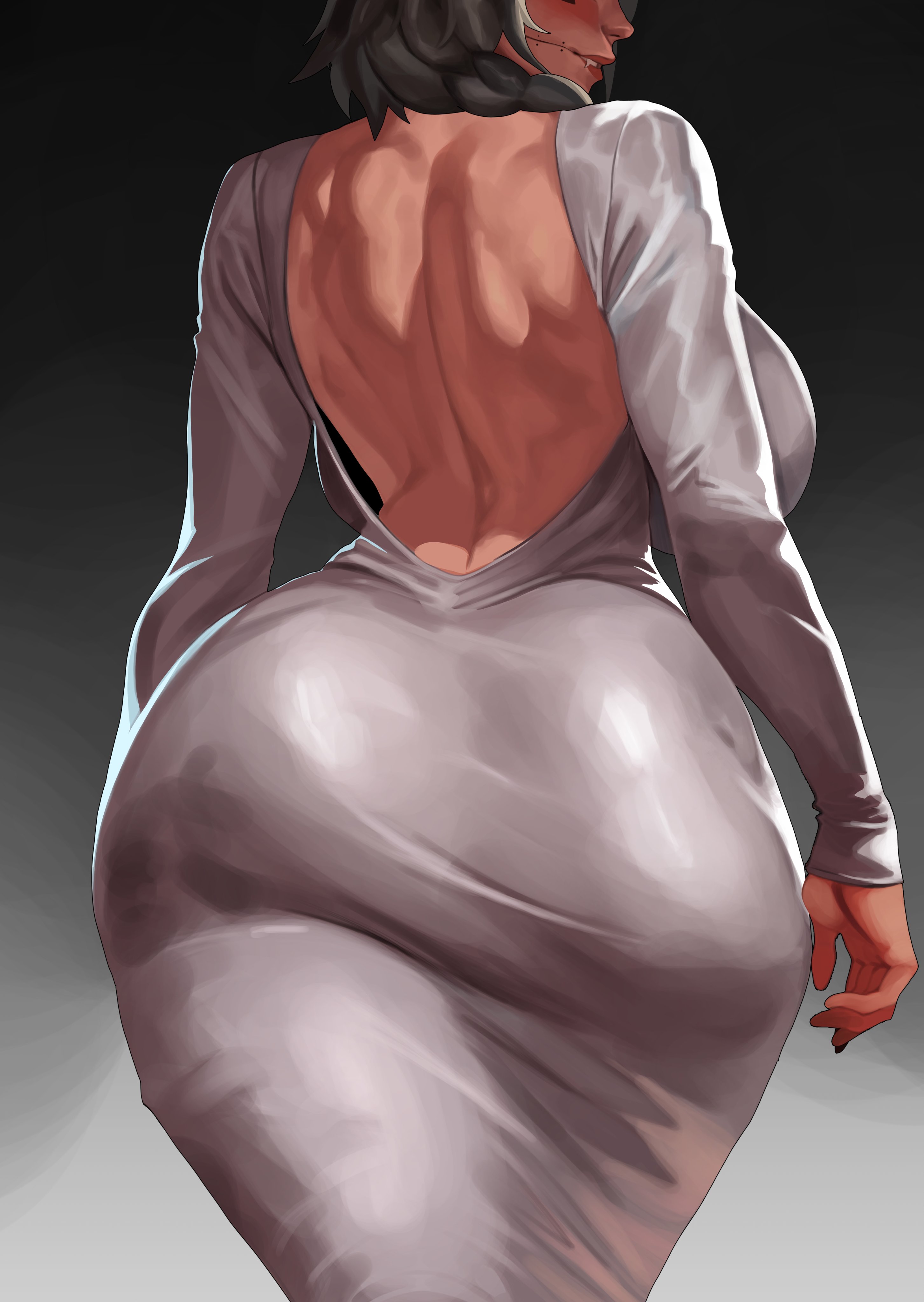 ass, ass in dress, backless dress, bare back, big ass, black hair, braided hair, bubble ass, bubble butt, curvy, cyrosucre, dress, fang, fat ass, female, female only, from behind, huge ass, huge breasts, long hair, scar, solo, thick ass, thick thighs, white dress, wide hips