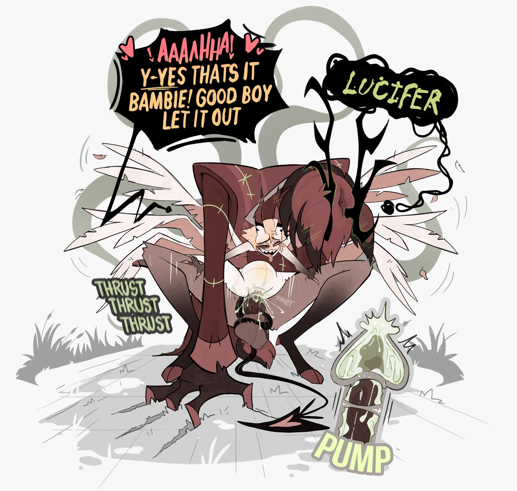 1boy, 1cuntboy, alastor (hazbin hotel), animal ears, antlers, belly, big penis, bulge, craxkers, cum, cum in pussy, cum inside, english, english text, gay, hazbin hotel, huge cock, impregnation, lucifer morningstar (hazbin hotel), male, massive penis, penis, penis bulge, pussy, pussy juice, short hair, size difference, tail, wings, x-ray, yaoi