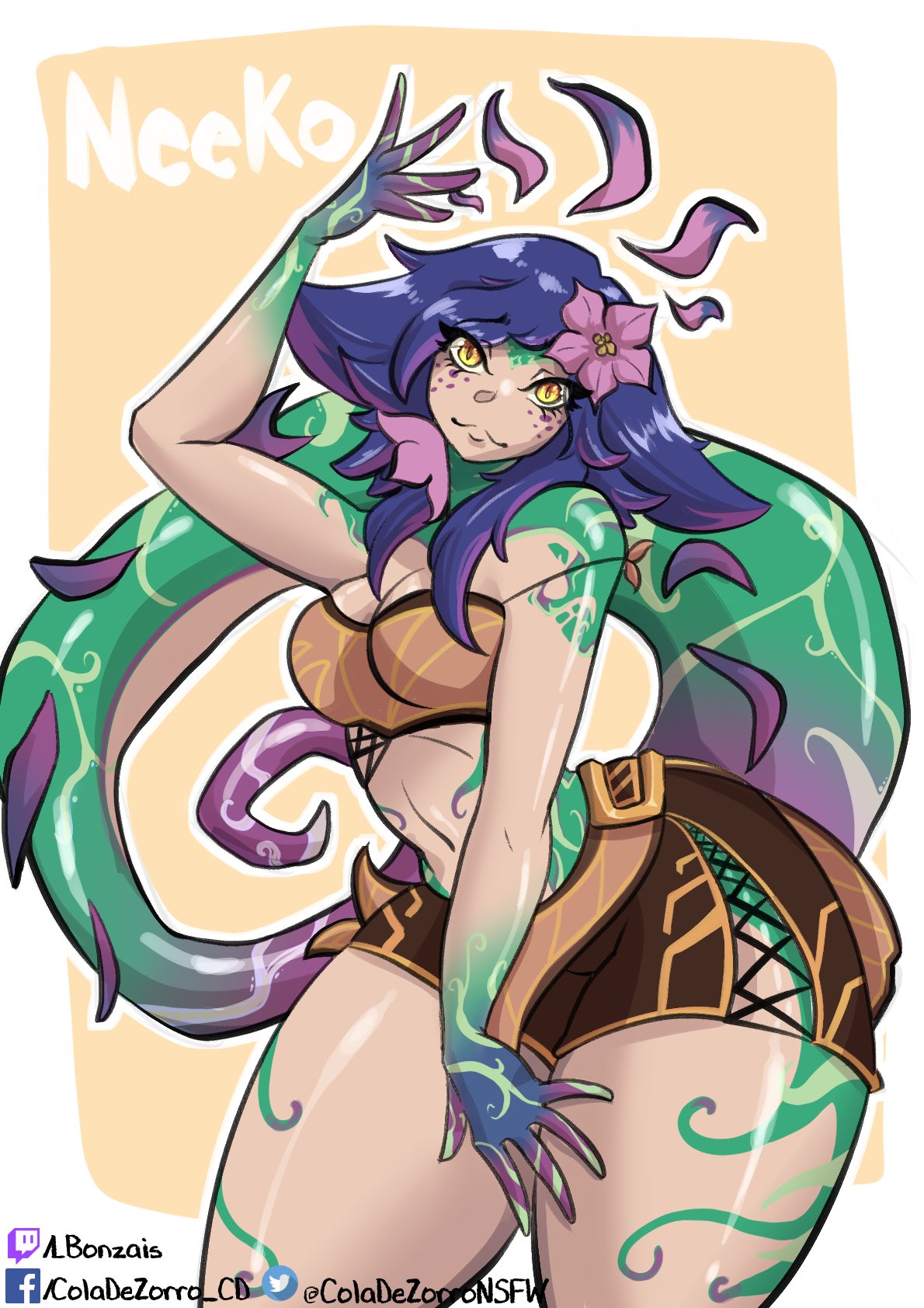 adorable, anthro, arm up, big ass, big girl, blue hair, cute, cute smile, female, green tail, humanoid, league of legends, lizard girl, mid breasts, monster girl, neeko, solo, staring at viewer, thick thighs, thighs, very thick thighs, waifu, white background