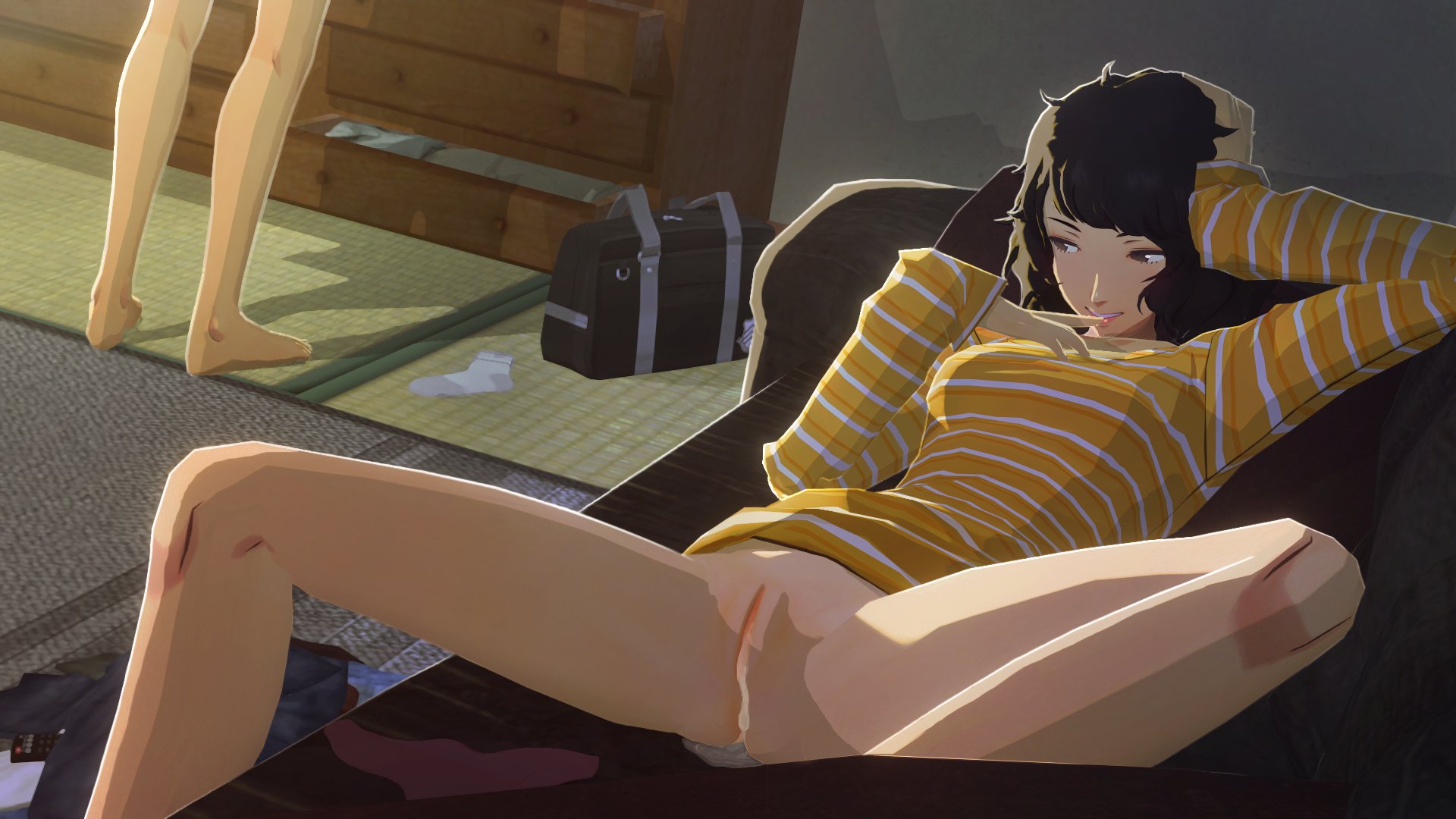 3d, after sex, bedroom, cum in pussy, cum leak, cum leaking, cum leaking out of pussy, finger in mouth, kawakami sadayo, persona, persona 5, ren amamiya, sadayo kawakami, smile, uriziel38