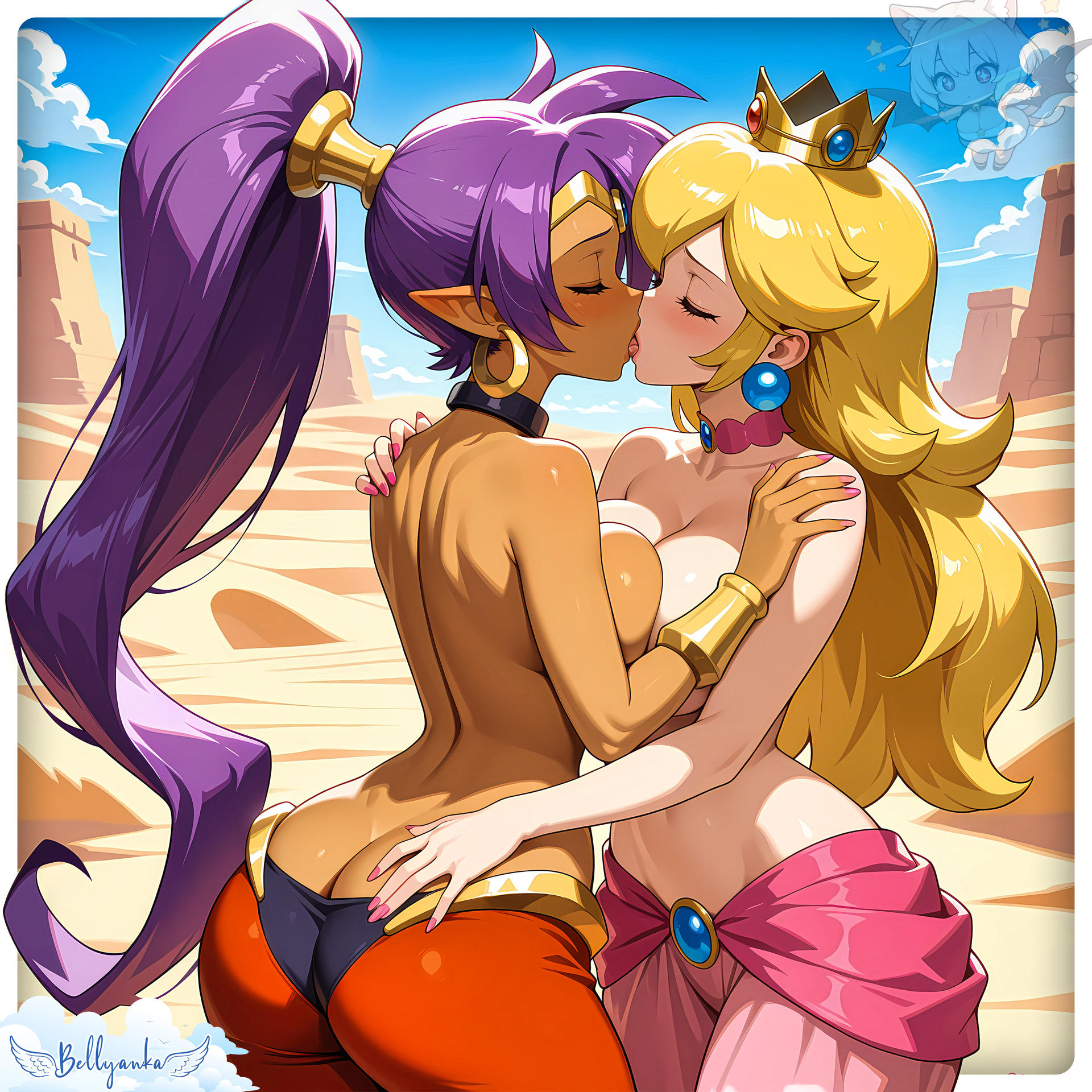 3girls, ai generated, artist logo, ass, back, bare back, bare shoulders, bellyanka, big ass, big breasts, black choker, blonde female, blonde hair, blush, bracer, breast press, breasts, character request, choker, closed eyes, cloud, couple, crossover, crown, dark skin, dark-skinned female, day, desert, duo, earrings, eastern and western character, female only, female/female, gold bracer, gold crown, gold earrings, gold jewelry, hair between eyes, high ponytail, hoop earrings, hugging, interracial, interracial yuri, jewelry, kissing, long hair, love, mario (series), medium breasts, multiple females, multiple girls, mutual yuri, nail polish, neck, necklace, nintendo, outdoors, pink choker, pink nails, pointy ears, ponytail, princess, princess peach, purple hair, romantic, romantic couple, sand, shantae, shantae (character), sideboob, sky, standing, super mario bros., symmetrical docking, tiara, tied hair, topless, topless female, very long hair, yuri