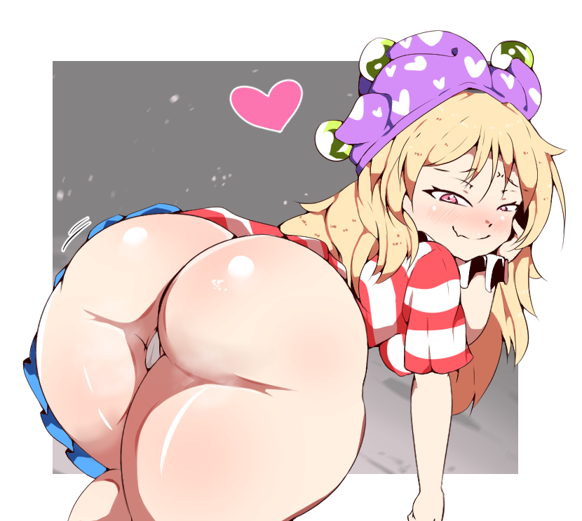 all fours, american flag, american flag dress, american flag print, ass, ass focus, blonde hair, blush, border, cameltoe, closed mouth, clownpiece, collar, commentary, double-parted bangs, english commentary, feet out of frame, female, flag print, grey background, hair between eyes, hand on own cheek, hand on own face, hat, heart, huge ass, jester cap, jungleboyayaya, light blush, long hair, looking at viewer, missing legwear, mooning, motion lines, naughty face, neck ruff, nose blush, oerba yun fang, panties, polka dot hat, presenting, presenting ass, purple eyes, purple hat, raised inner eyebrows, short sleeves, simple background, skin fang, smirk, solo, split mouth, squinting, thick thighs, thighs, touhou, underwear, white border, white collar, white panties