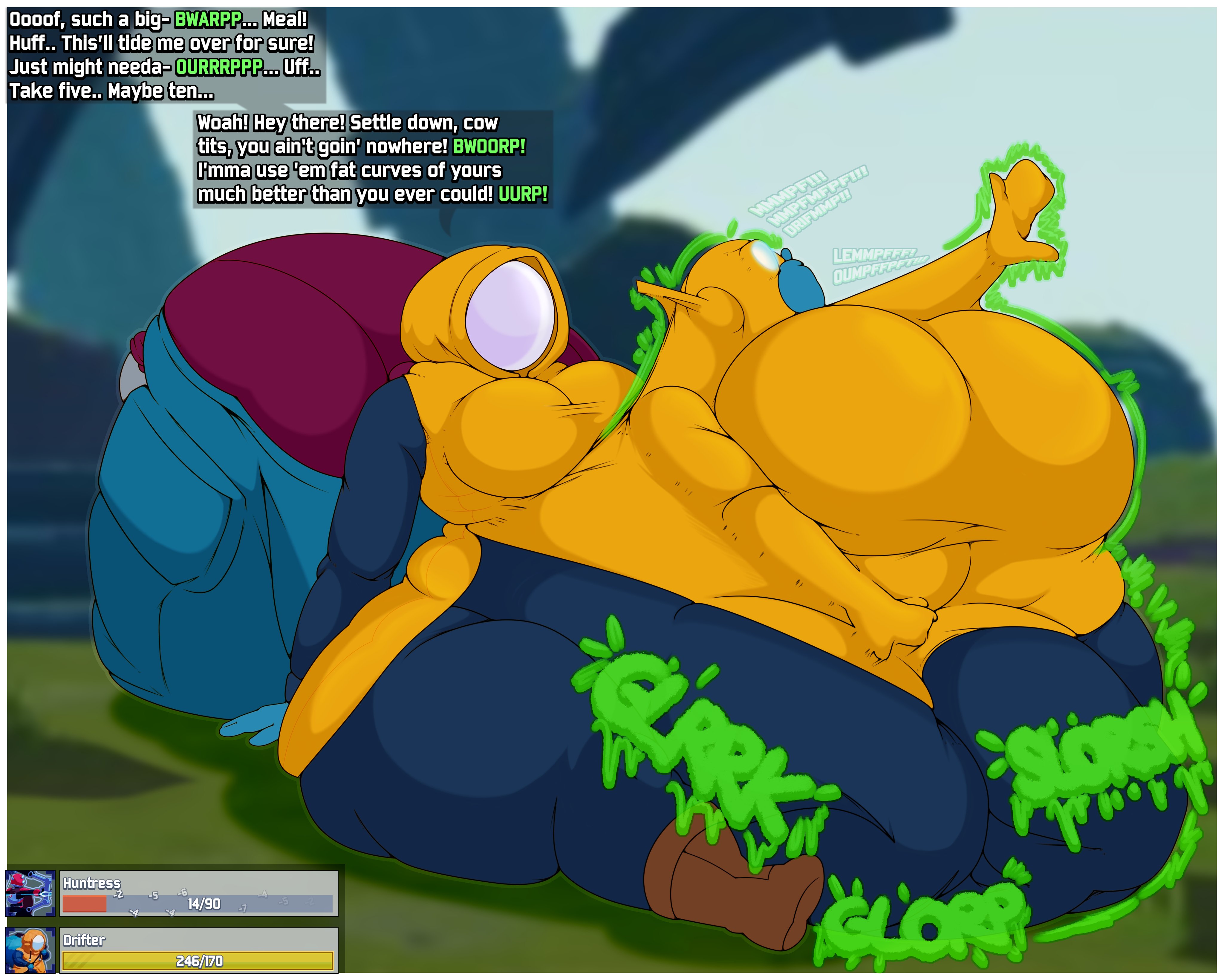 2girls, big breasts, big tits, breasts bigger than head, busty, busty prey, drifter (risk of rain), female, female only, female pred, female prey, female/male, gameplay mechanics, huge breasts, huge tits, huntress (risk of rain), mobiustheice, prey bulge, risk of rain, same size vore, sitting, sitting down, squirming, squirming prey, struggling, struggling prey, swallowed whole, voluptuous, voluptuous female, voluptuous prey, vore, wide hips
