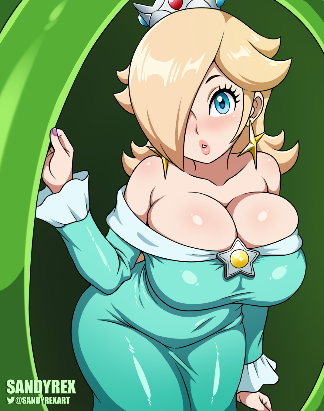 1girls, big breasts, blonde hair, blue dress, blue eyes, breast focus, breasts, cleavage, clothing, crown, dress, ear piercing, earrings, female, female only, hair, hair over one eye, headwear, hips, huge breasts, lips, long hair, mario (series), nintendo, parted lips, pipe, princess rosalina, sandyrex, solo, solo female, star earrings