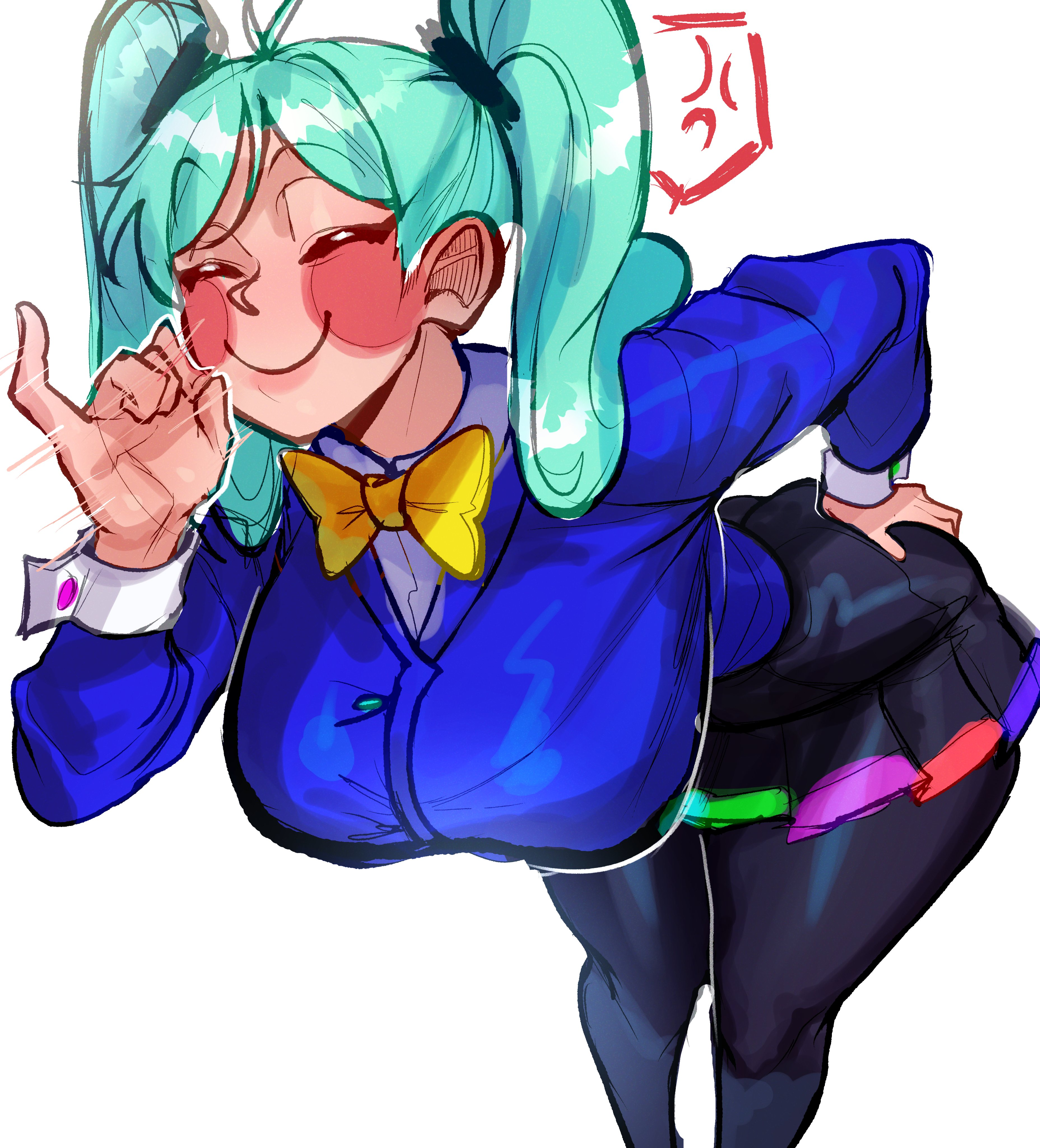 1girl, 1girls, anger vein, ass, bent over, black pantyhose, black skirt, blowjob gesture, blue jacket, bow, bowtie, breasts, closed eyes, female, female only, flavor foley, hatsune miku, hatsune miku (static), jacket, large breasts, long hair, long sleeves, pantyhose, pinky out, pleated skirt, renata11033, rosy cheeks, shirt, simple background, skirt, smile, solo, solo female, spoken anger vein, static (flavor foley), thick thighs, twintails, white background, yellow bow, yellow bowtie