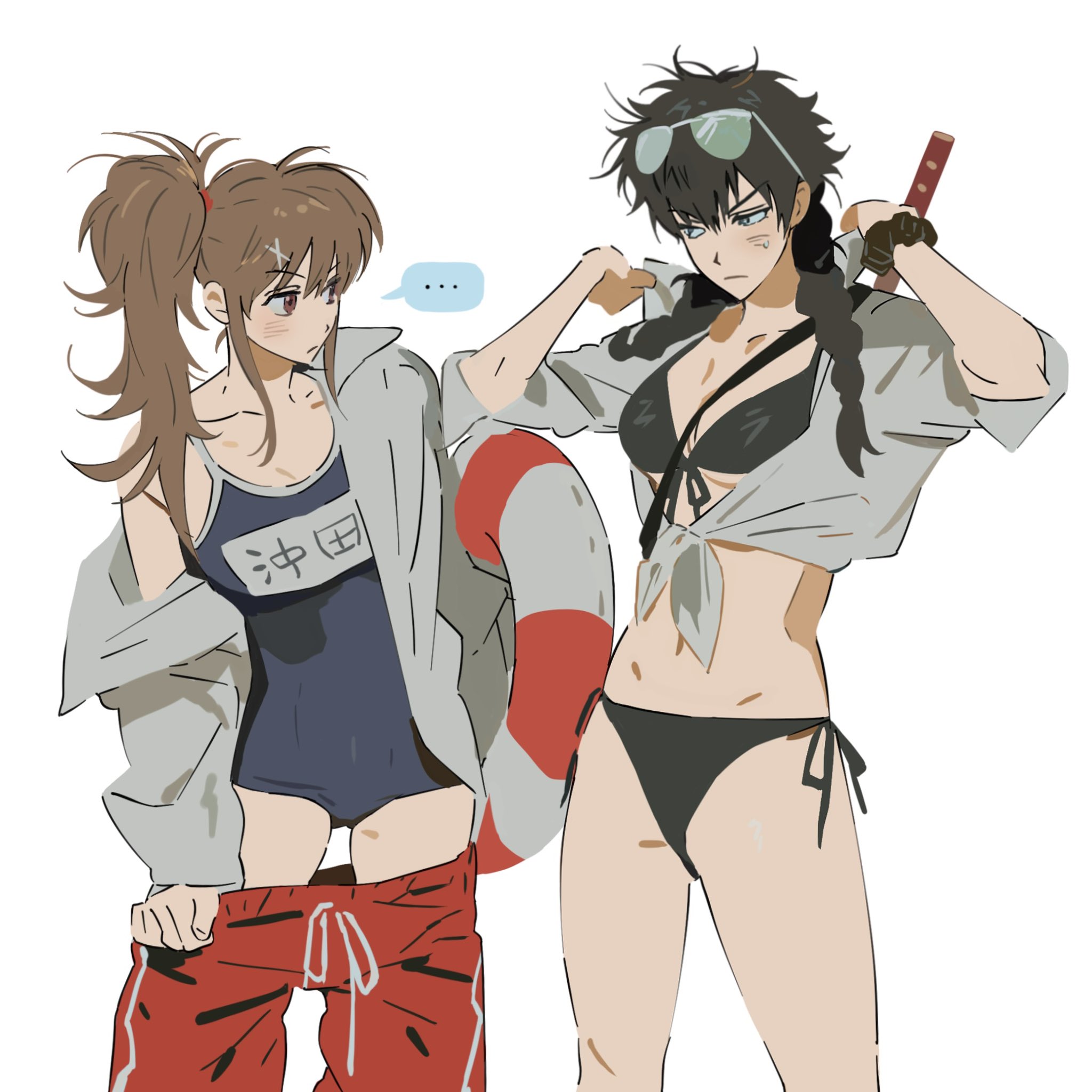 2girls, alternate body type, bikini, black bikini, black hair, blush, braided hair, brown eyes, brown hair, canon genderswap, cleavage, female, female only, genderswap (mtf), gintama, hijikata tenko, hijikata toshiro, innertube, long hair, looking at another, name tag, okita sougo, okita souko, one-piece swimsuit, open shirt, pants down, ponytail, rule 63, school swimsuit, shang okihiji, side ponytail, small breasts, sunglasses, sunglasses on head, sweatdrop, swimsuit, tied shirt, twin braids, undressing, yuri