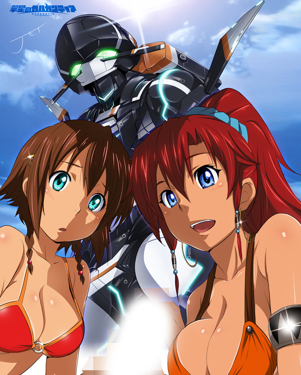 2girls amy_(suisei_no_gargantia) aqua_eyes armlet bare_shoulders bellows_(suisei_no_gargantia) bikini bikini_top blue_eyes blush braid breasts brown_hair censored chamber_(suisei_no_gargantia) cleavage earrings female hair_between_eyes highres hoop_earrings jet_yowatari jewelry large_breasts long_hair mecha multiple_girls open_mouth ponytail red_hair scrunchie short_hair sky smile suisei_no_gargantia sun swimsuit tan tanline tied_hair twin_braids unseen_male_face upper_body