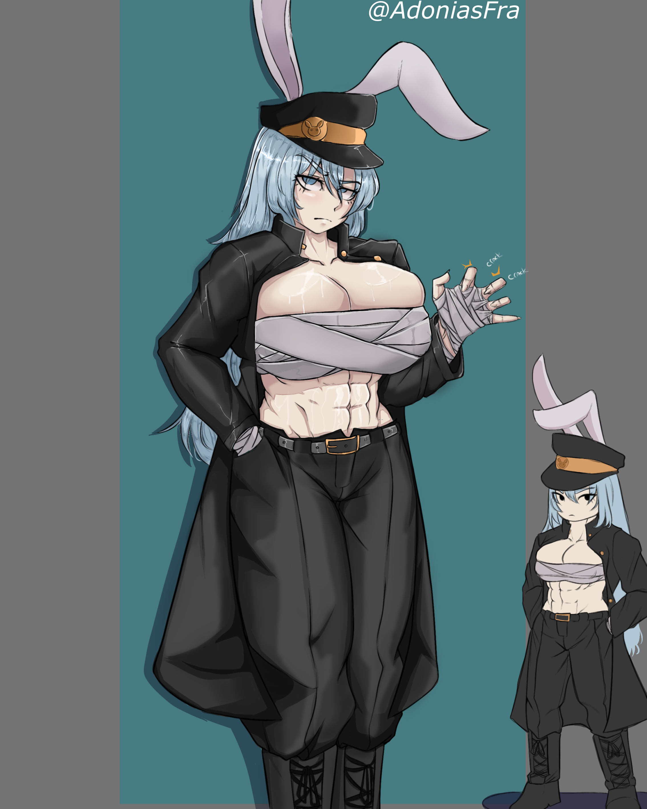 1girls, abs, adoniasfra, artist name, bandages, bandages around breasts, big breasts, black clothing, blue eyes, blue hair, boots, breasts, bunny ears, cleavage, coat, female, female only, hat, jojo reference, long hair, midriff, pale skin, pants, rabbit ears, reference image, roblox, roblox avatar, robloxian, solo, tagme
