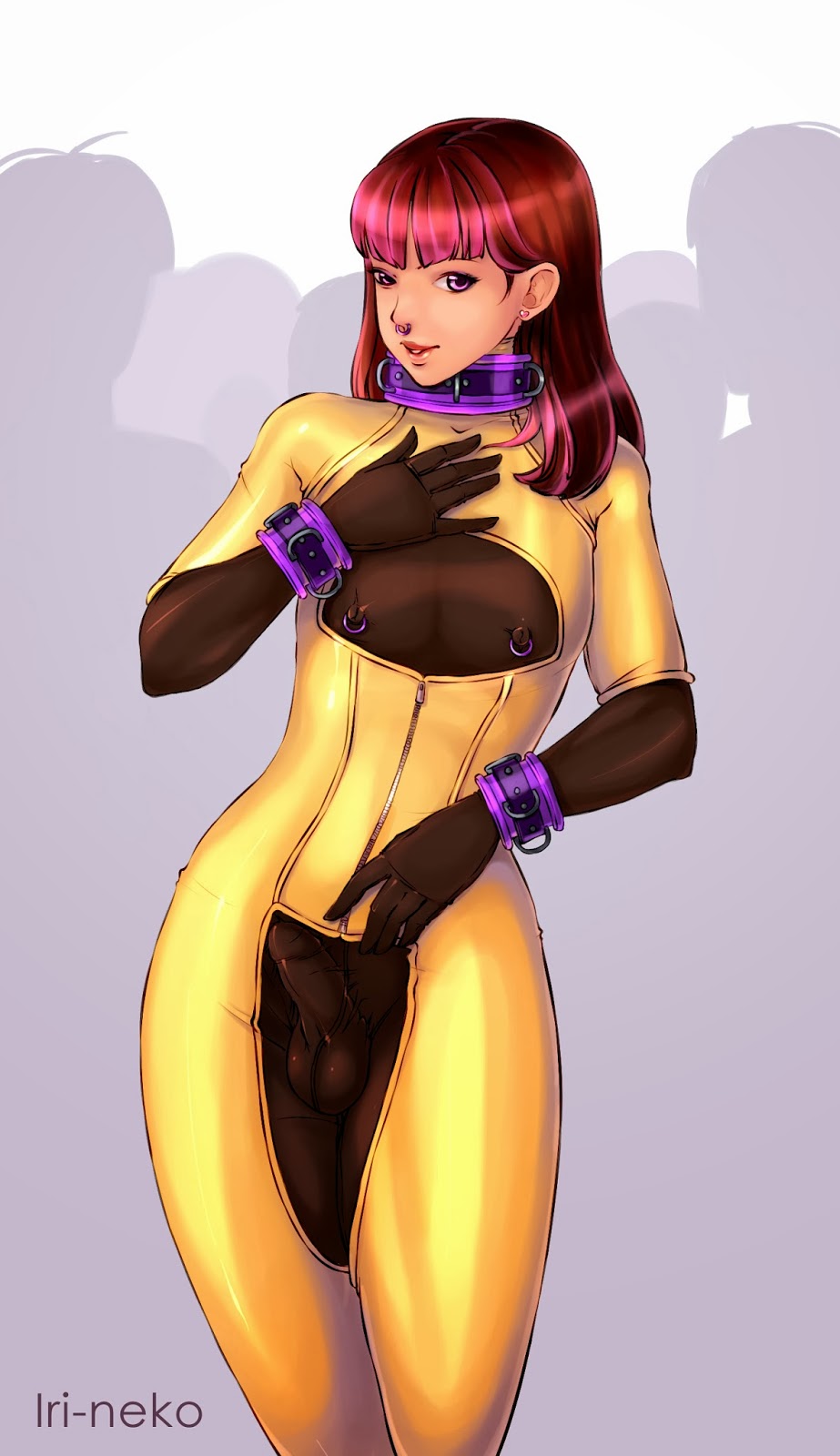 balls, bodysuit, bracelet, brown hair, bulge, collar, earrings, femboy, girly, gradient hair, highlights, iri-neko, long hair, male, male only, nipple piercing, nipple ring, nipples, nose piercing, penis, piercing, purple eyes, red hair, see-through, solo, standing, testicles, tight clothes