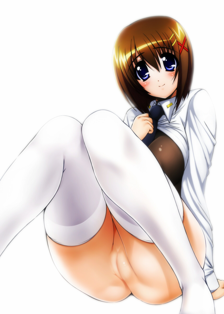 airando alternate_legwear ass blue_eyes blush bottomless breasts brown_hair female hair_ornament hayate_yagami highres human large_breasts looking_at_viewer lyrical_nanoha mahou_shoujo_lyrical_nanoha mahou_shoujo_lyrical_nanoha_strikers necktie pussy short_hair smile solo thighhighs uncensored white_legwear