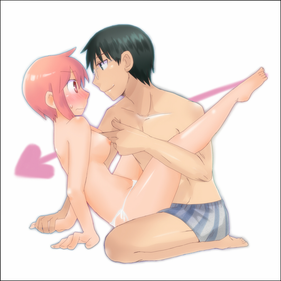 black_hair blush boxers breasts female glasses male mocha_(monocromer) nichijou nipples panties pink_hair sasahara_koujirou straight tachibana_misato underwear