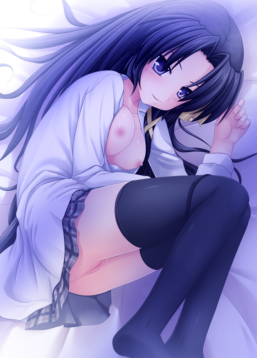 1girls black_hair breasts female hair_ribbon highres kurugaya_yuiko little_busters! long_hair lying nipples no_bra on_side open_clothes open_shirt panties panty_pull pantyshot purple_eyes pussy ribbon school_uniform solo takacchi thighhighs uncensored underwear