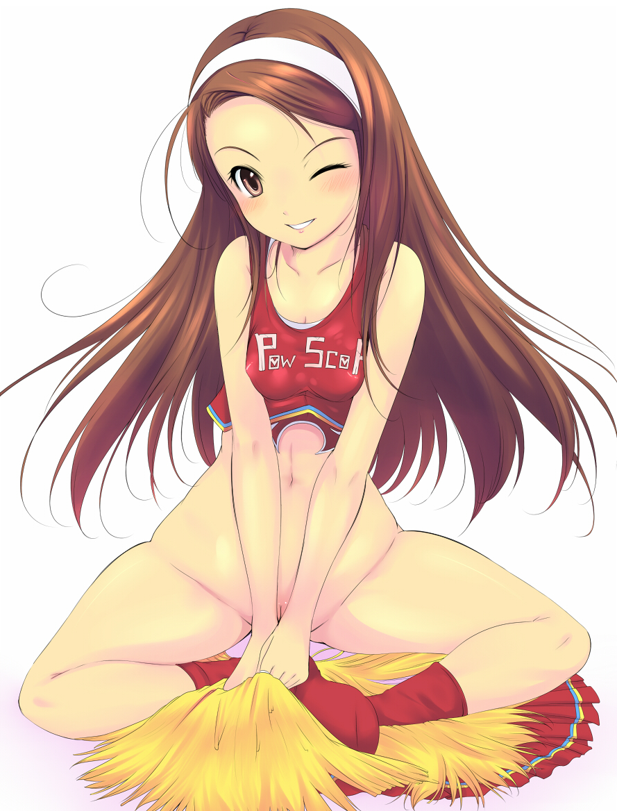 1girls bare_shoulders blush bottomless breasts brown_eyes brown_hair cheerleader cleavage crop_top female grin hairband idolmaster katori_(mocchidou) long_hair looking_at_viewer minase_iori navel no_panties one_eye_closed pom_poms pussy red_legwear red_socks simple_background sitting sitting_indian_style skirt skirt_removed smile socks solo uncensored white_background wink