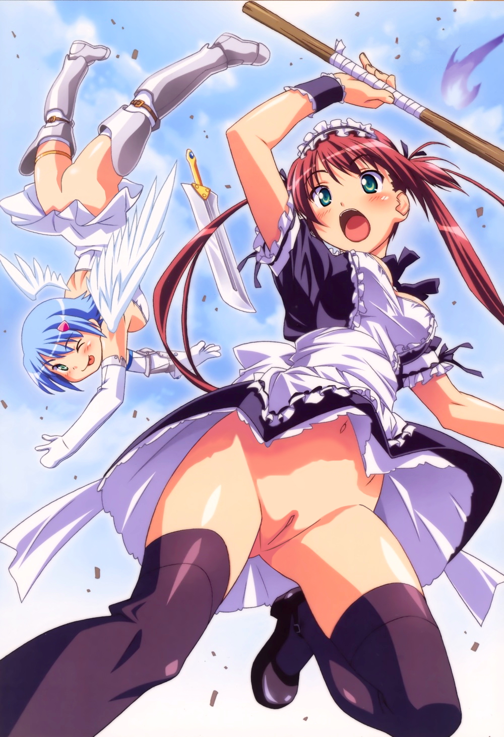 2girls ;p airi angel angel_wings arm_up ass asymmetrical_wings black_legwear blush boots breasts elbow_gloves flat_ass gloves green_eyes hair_ribbon highres innie_pussy kuuchuu_yousai long_hair looking_at_viewer maid maid_headdress multiple_girls nanael navel no_panties nude_filter open_mouth petticoat photoshop pussy queen's_blade red_hair ribbon short_hair sky sword thighhighs thighs tied_hair tongue twintails uncensored upside-down upskirt weapon wings wink wrist_cuffs zettai_ryouiki