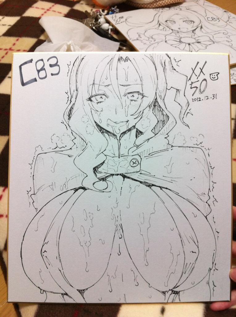 bikini breasts cloak covered_nipples cum cum_on_body cum_on_hair cum_on_upper_body cure_sunny erect_nipples facial female hino_akane huge_breasts human large_breasts licking_lips magical_girl majorina meme50 memememe monochrome photo_(medium) picture_of_picture precure pretty_cure rough_sketch shikishi sling_bikini smile_precure solo swimsuit traditional_media