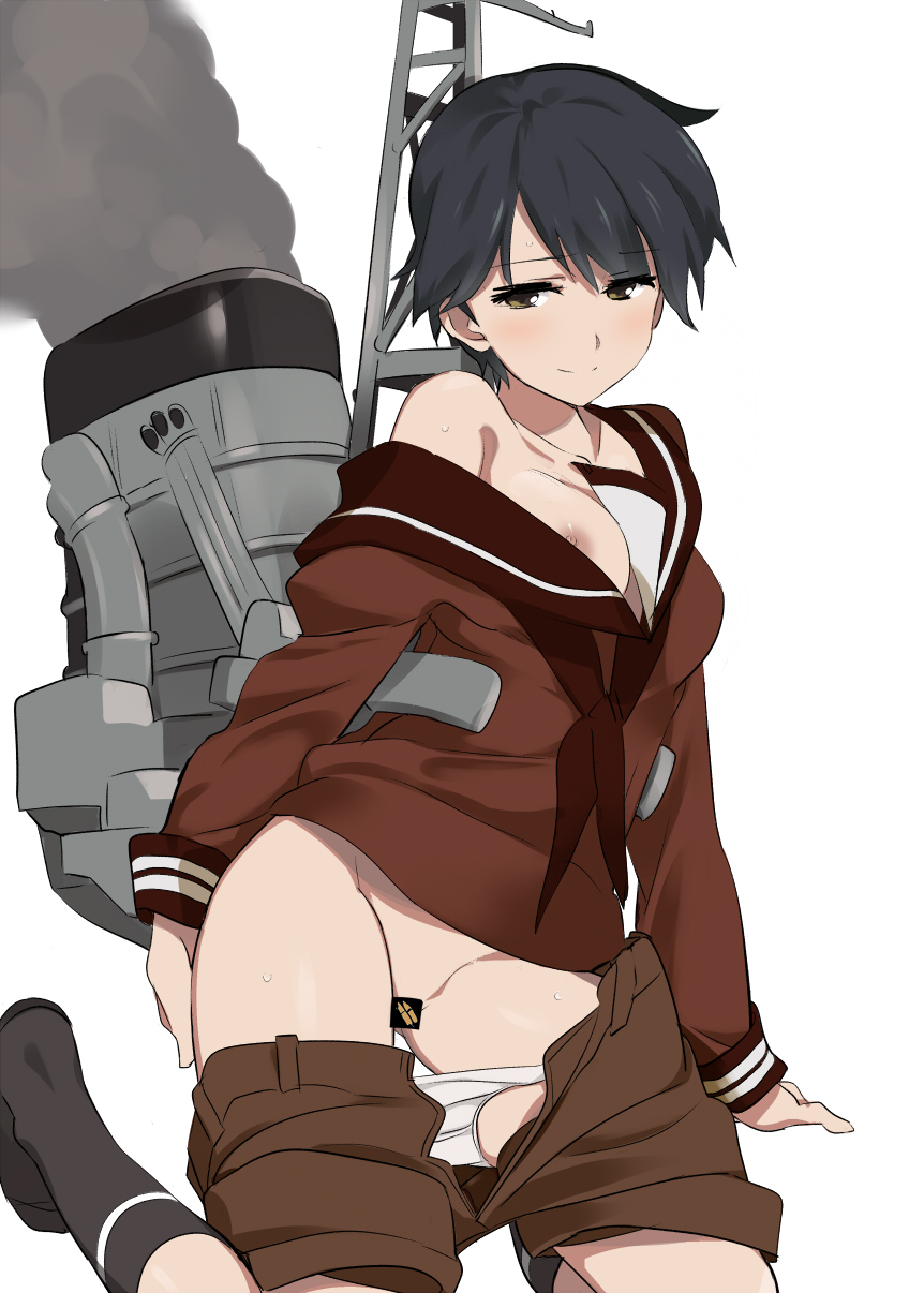 1girls black_hair blush breasts brown_eyes censored female highres kantai_collection mogami_(kantai_collection) ningen_(ningen96) nipples novelty_censor off_shoulder panties panty_pull personification ship short_hair shorts shorts_pull smile smokestack solo steam underwear very_short_hair