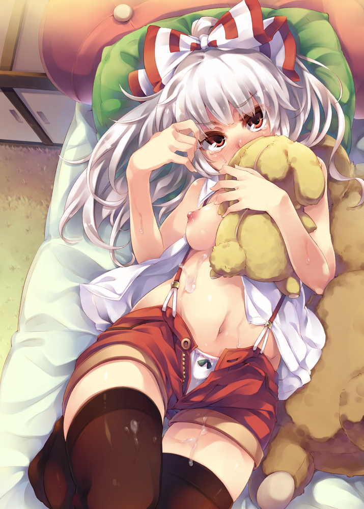 1girls black_legwear blush cum cum_on_body cum_on_lower_body cum_on_stomach female fujiwara_no_mokou long_hair looking_at_viewer lying open_clothes open_shirt panties pillow red_eyes silver_hair sleeveless sleeveless_shirt small_breasts soine solo stuffed_animal stuffed_bunny stuffed_toy suspenders tears thighhighs touhou underwear unzipped white_hair white_panties