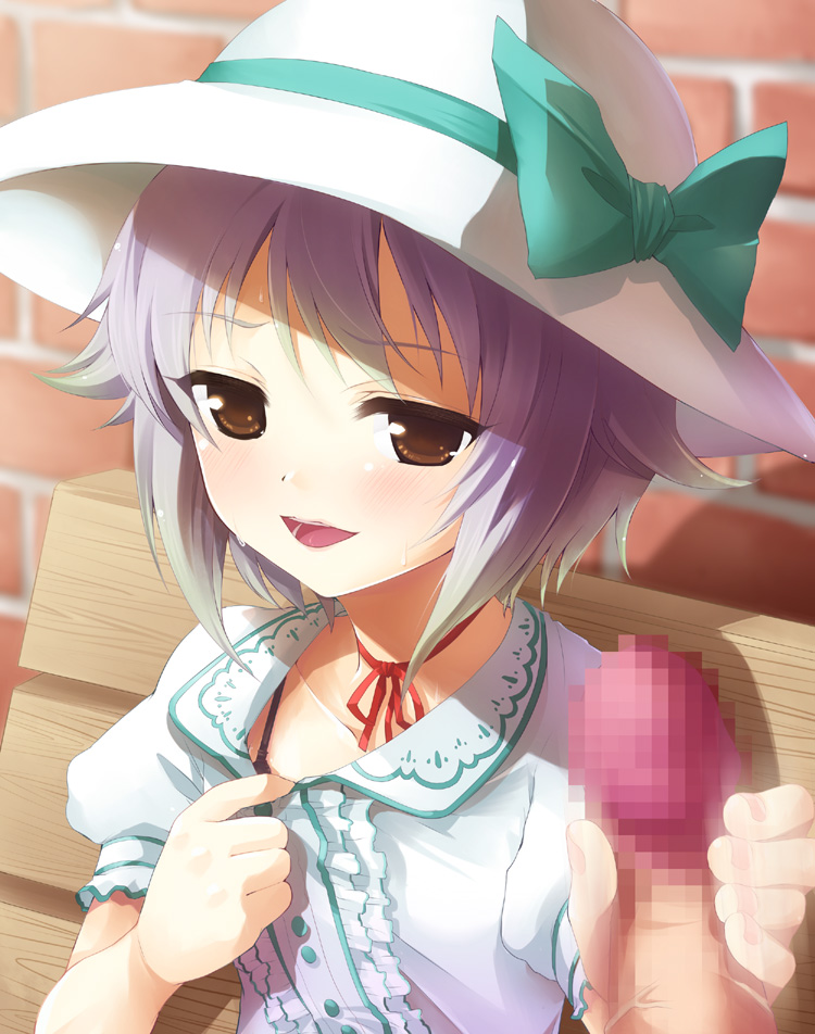 bench blush brown_eyes collarbone hat idolmaster idolmaster_cinderella_girls koshimizu_sachiko open_mouth penis puffy_sleeves short_hair short_sleeves silver_hair sitting sweat tilm